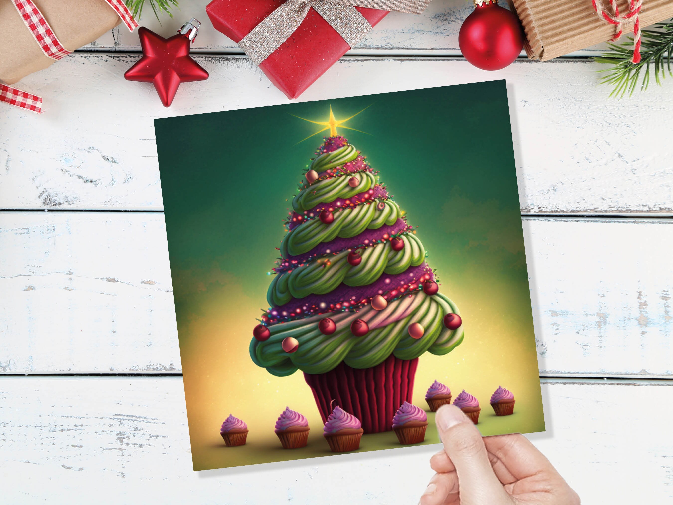 Cupcake Christmas Tree Card Fairy Cake with Green Frosting Icing Pink Sprinkles Xmas Greetings Card For Bakers Baking Family Friends 2024 - View 8