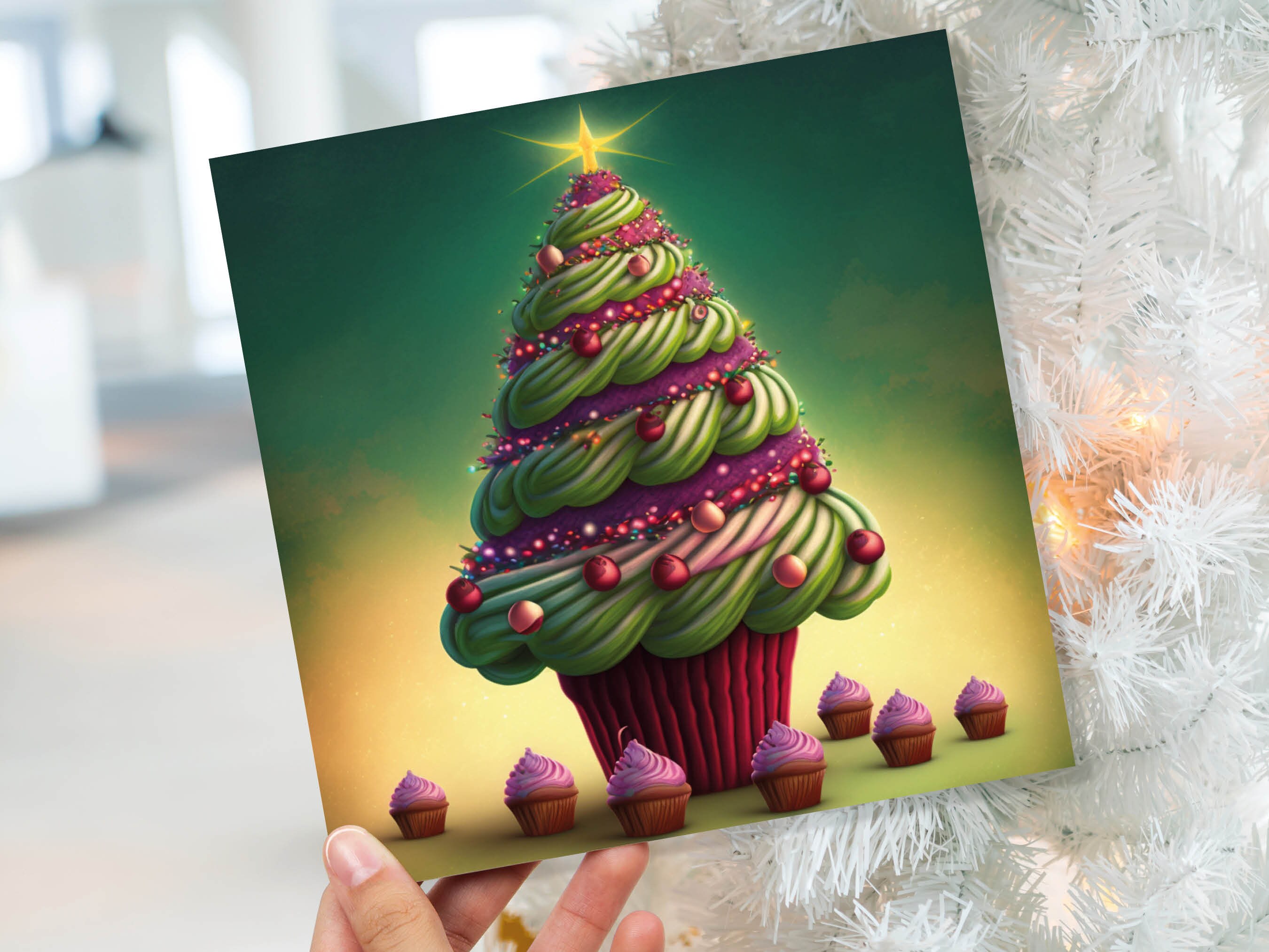 Cupcake Christmas Tree Card Fairy Cake with Green Frosting Icing Pink Sprinkles Xmas Greetings Card For Bakers Baking Family Friends 2024 - View 9