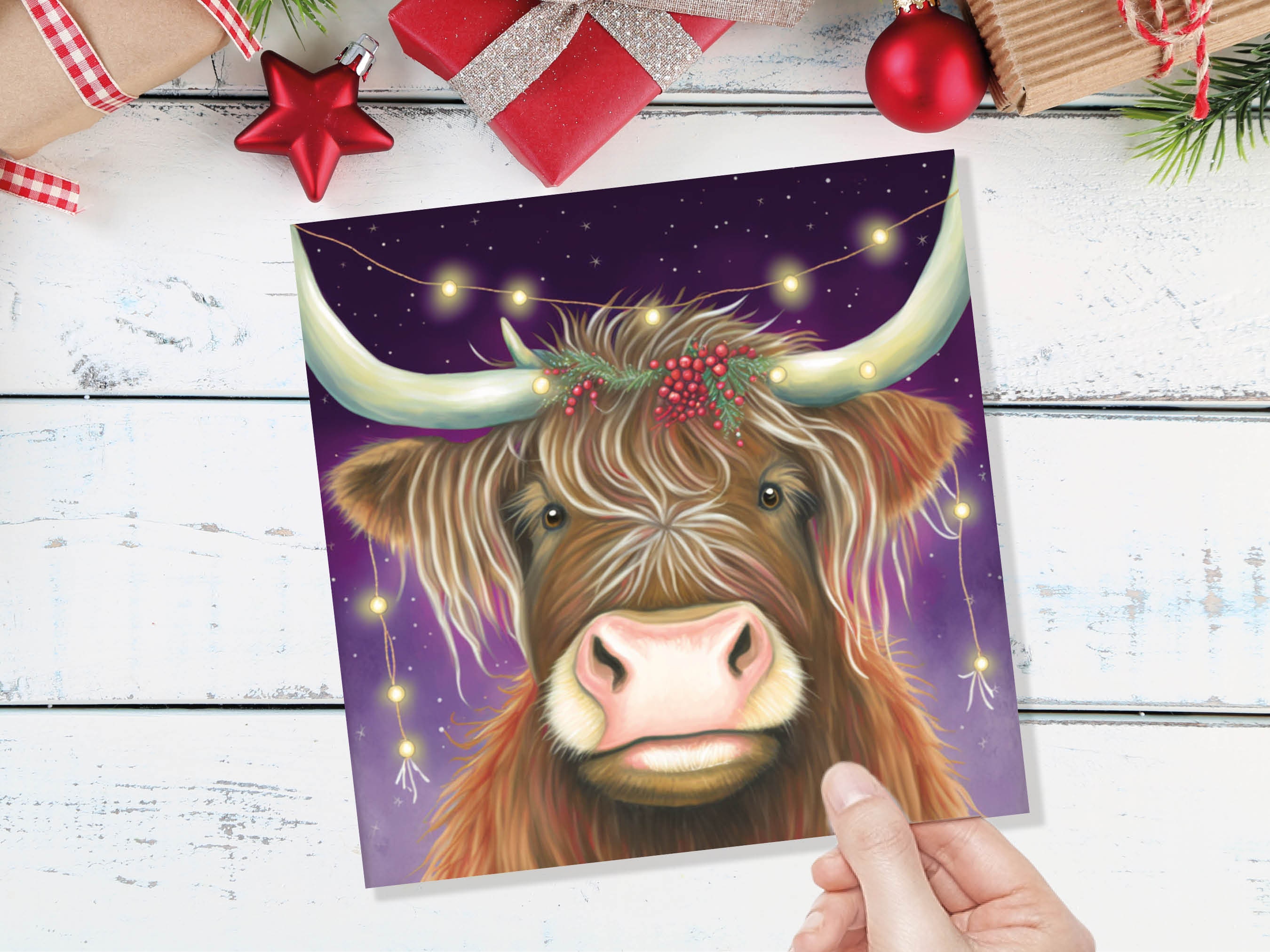 Highland Cow Card Heilan Muckle Coo with Fairy Lights Magical Night Purple Scotland Scottish Greetings Family Friends Xmas 2024 Thank You - View 8