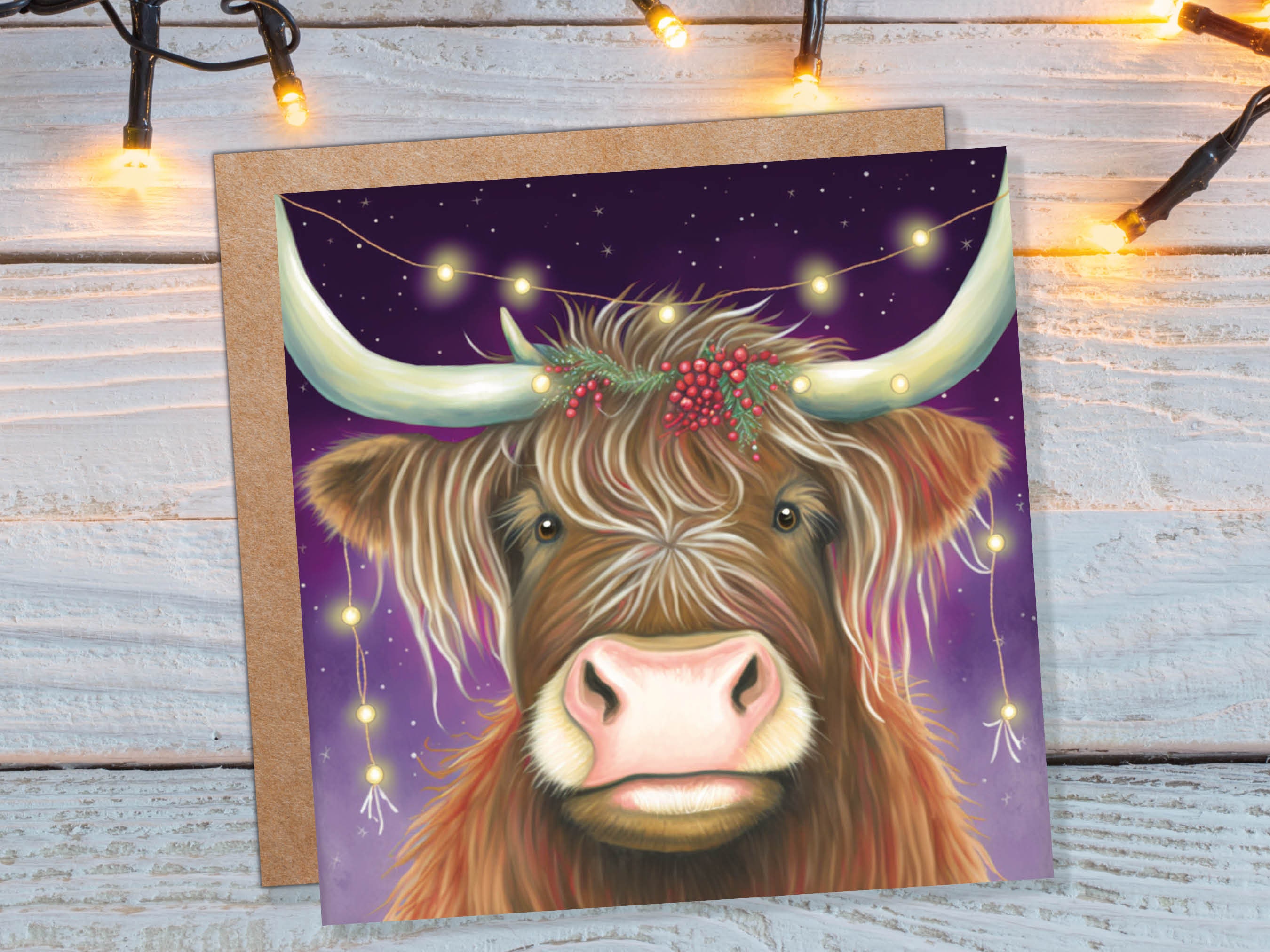 Highland Cow Card Heilan Muckle Coo with Fairy Lights Magical Night Purple Scotland Scottish Greetings Family Friends Xmas 2024 Thank You - View 3