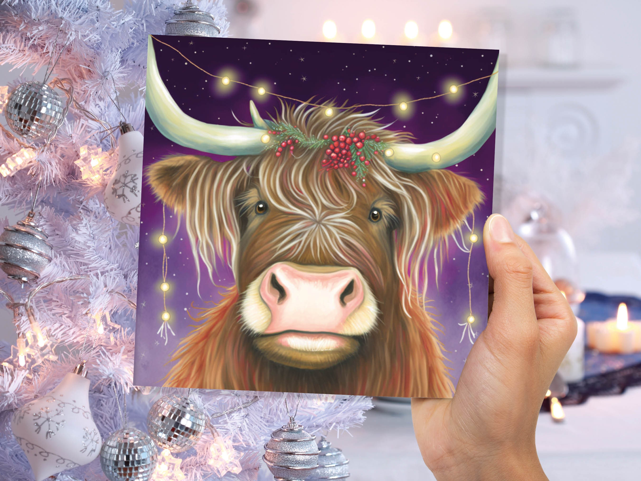 Highland Cow Card Heilan Muckle Coo with Fairy Lights Magical Night Purple Scotland Scottish Greetings Family Friends Xmas 2024 Thank You - View 2