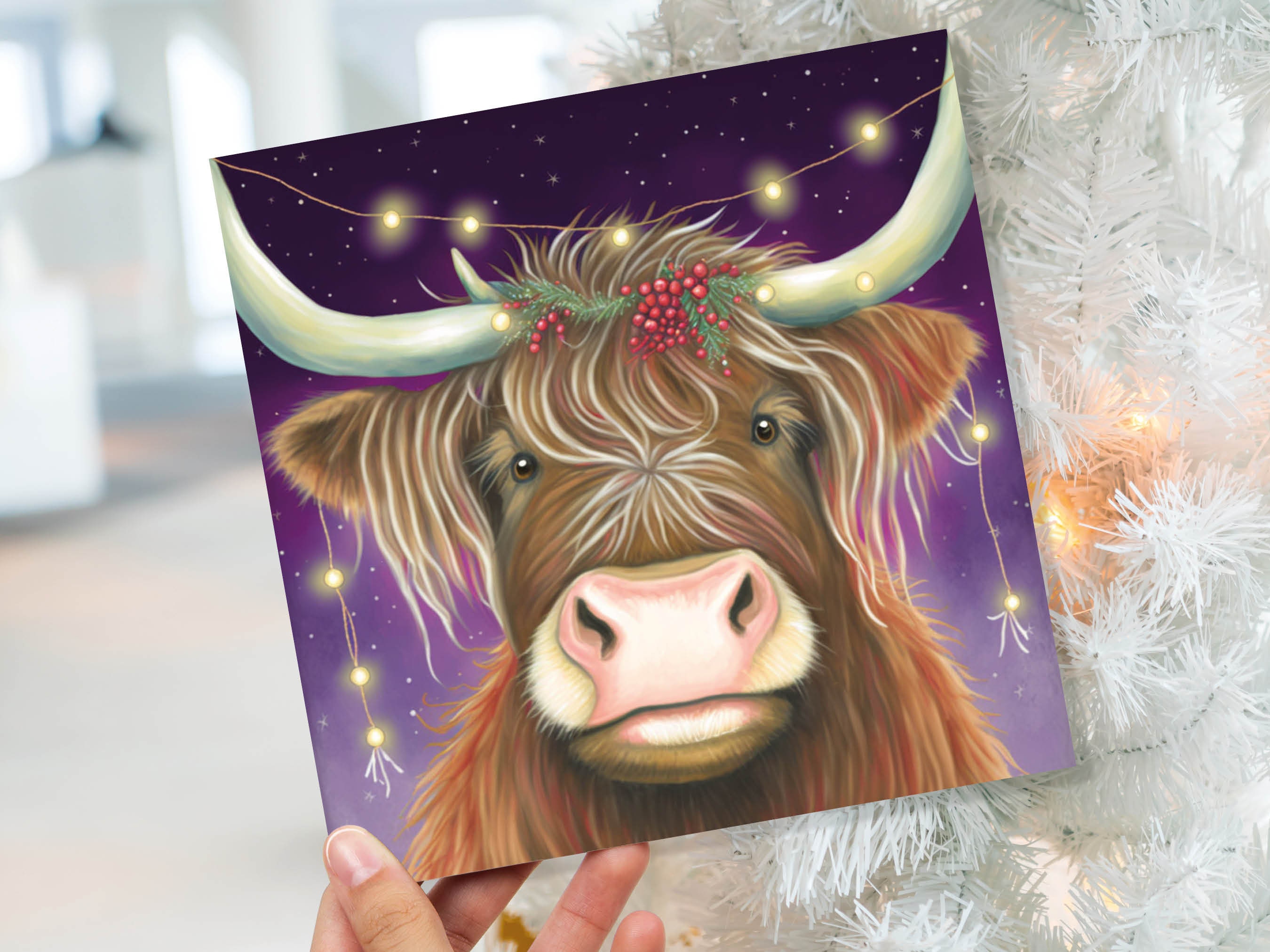 Highland Cow Card Heilan Muckle Coo with Fairy Lights Magical Night Purple Scotland Scottish Greetings Family Friends Xmas 2024 Thank You - View 9