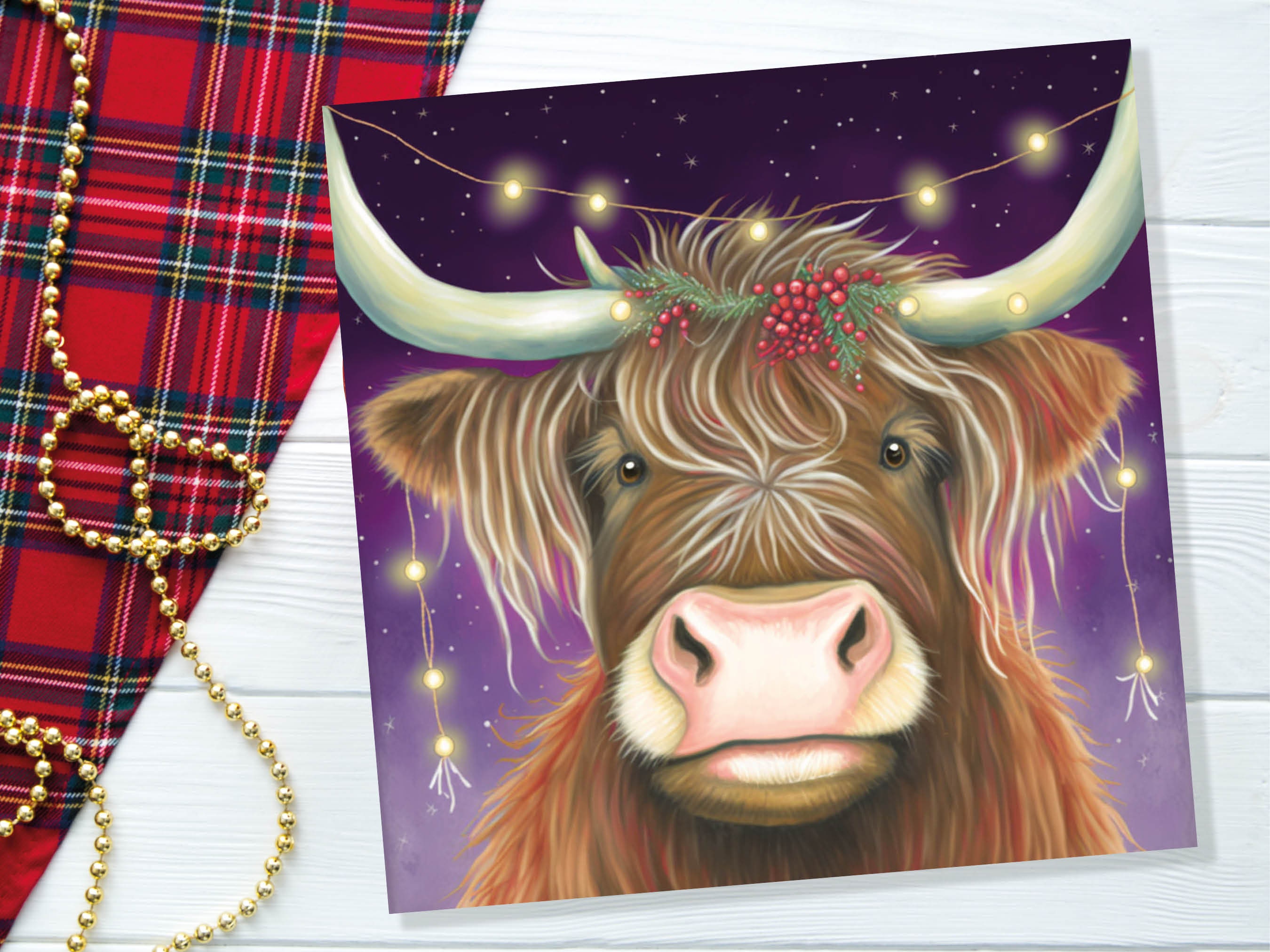 Highland Cow Card Heilan Muckle Coo with Fairy Lights Magical Night Purple Scotland Scottish Greetings Family Friends Xmas 2024 Thank You