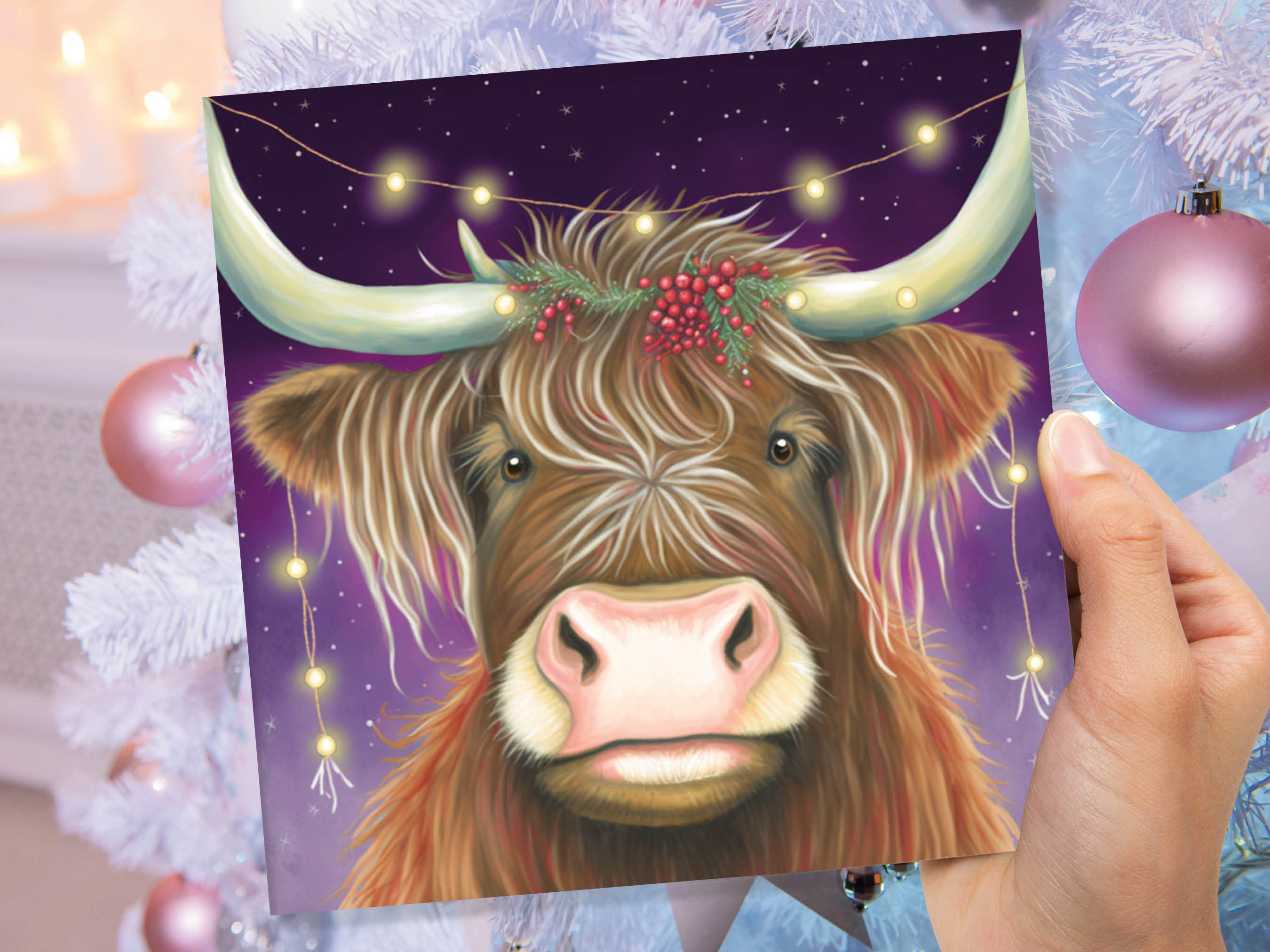 Highland Cow Card Heilan Muckle Coo with Fairy Lights Magical Night Purple Scotland Scottish Greetings Family Friends Xmas 2024 Thank You - View 7