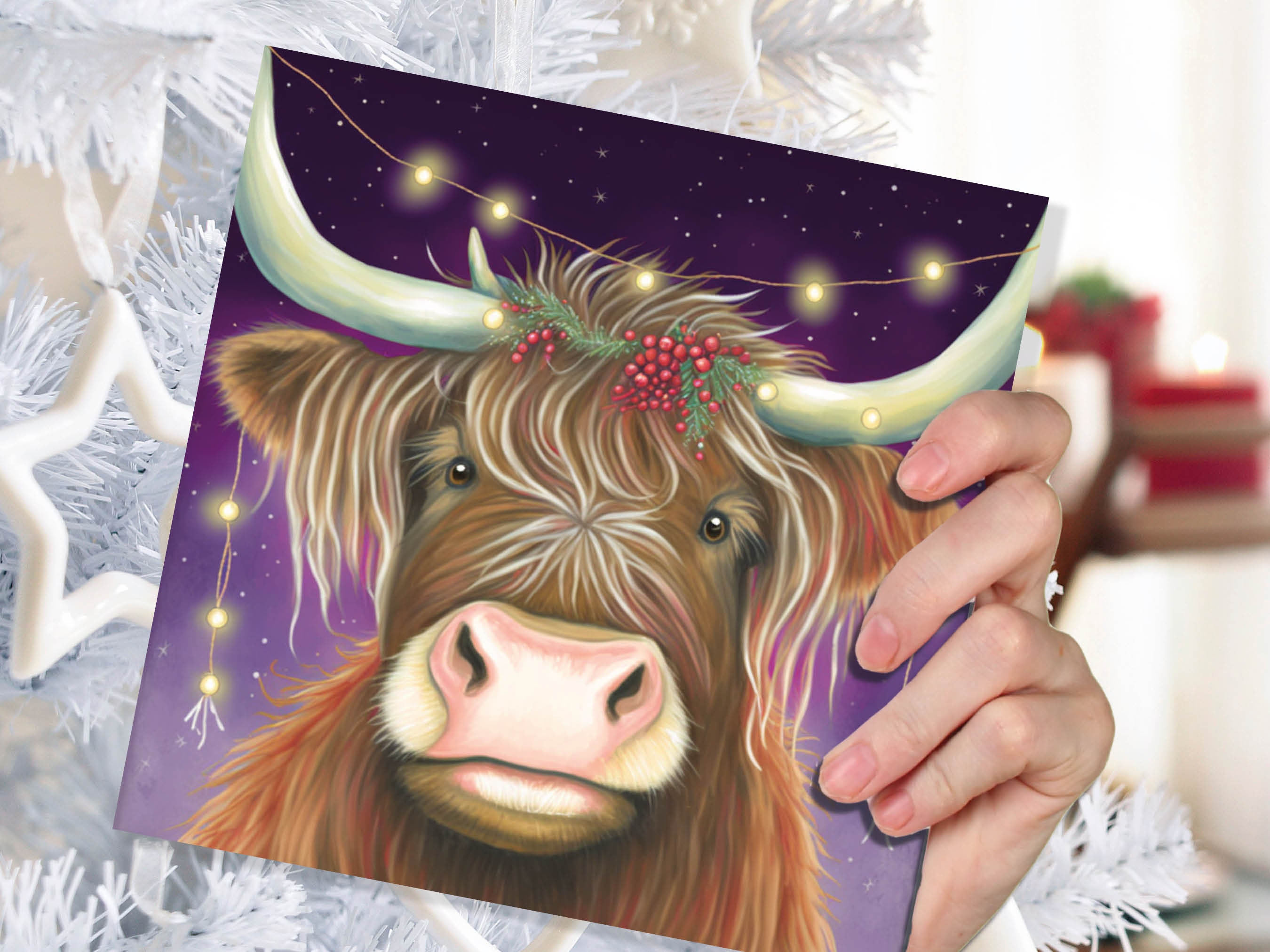 Highland Cow Card Heilan Muckle Coo with Fairy Lights Magical Night Purple Scotland Scottish Greetings Family Friends Xmas 2024 Thank You - View 6