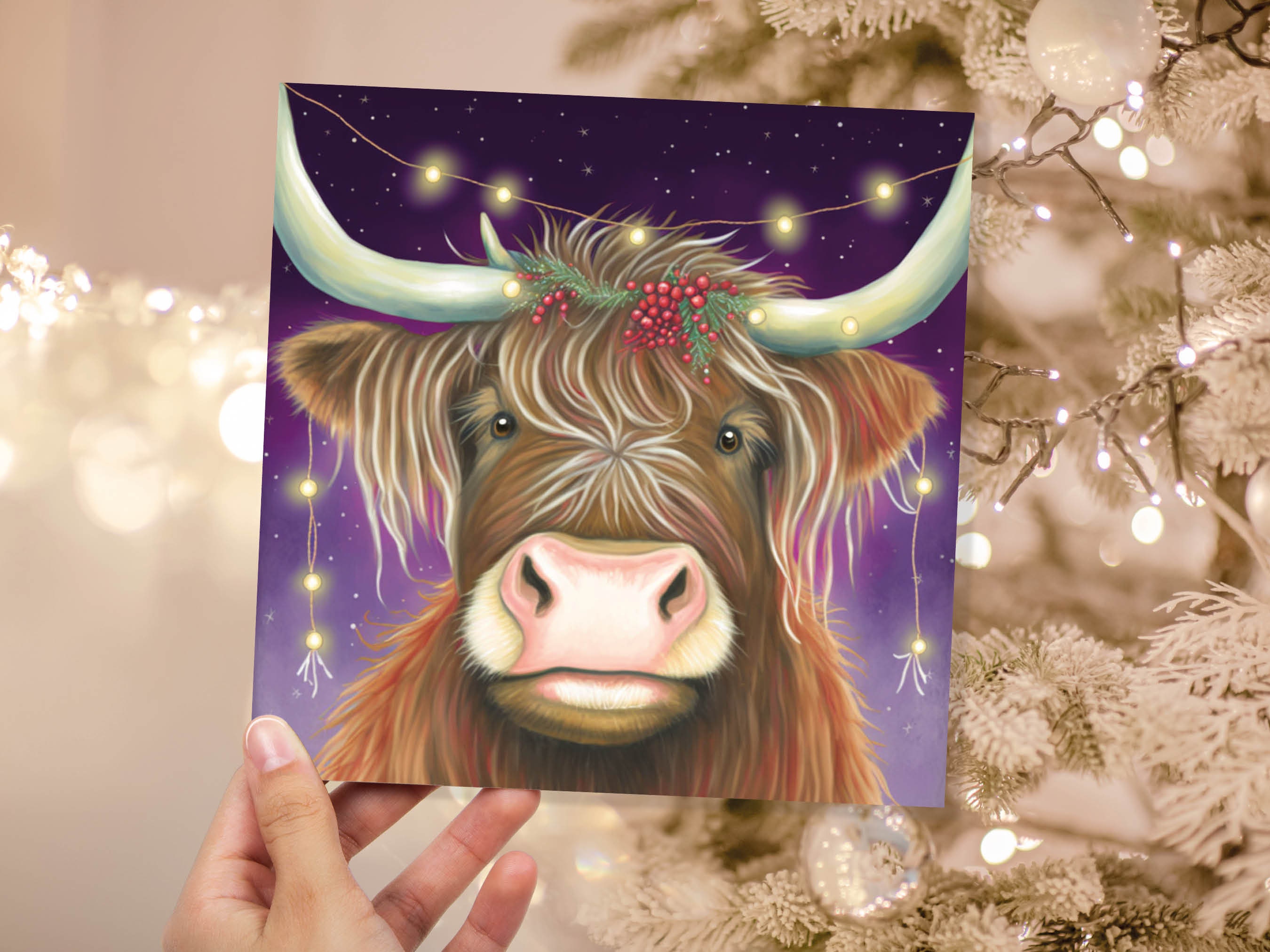 Highland Cow Card Heilan Muckle Coo with Fairy Lights Magical Night Purple Scotland Scottish Greetings Family Friends Xmas 2024 Thank You - View 4