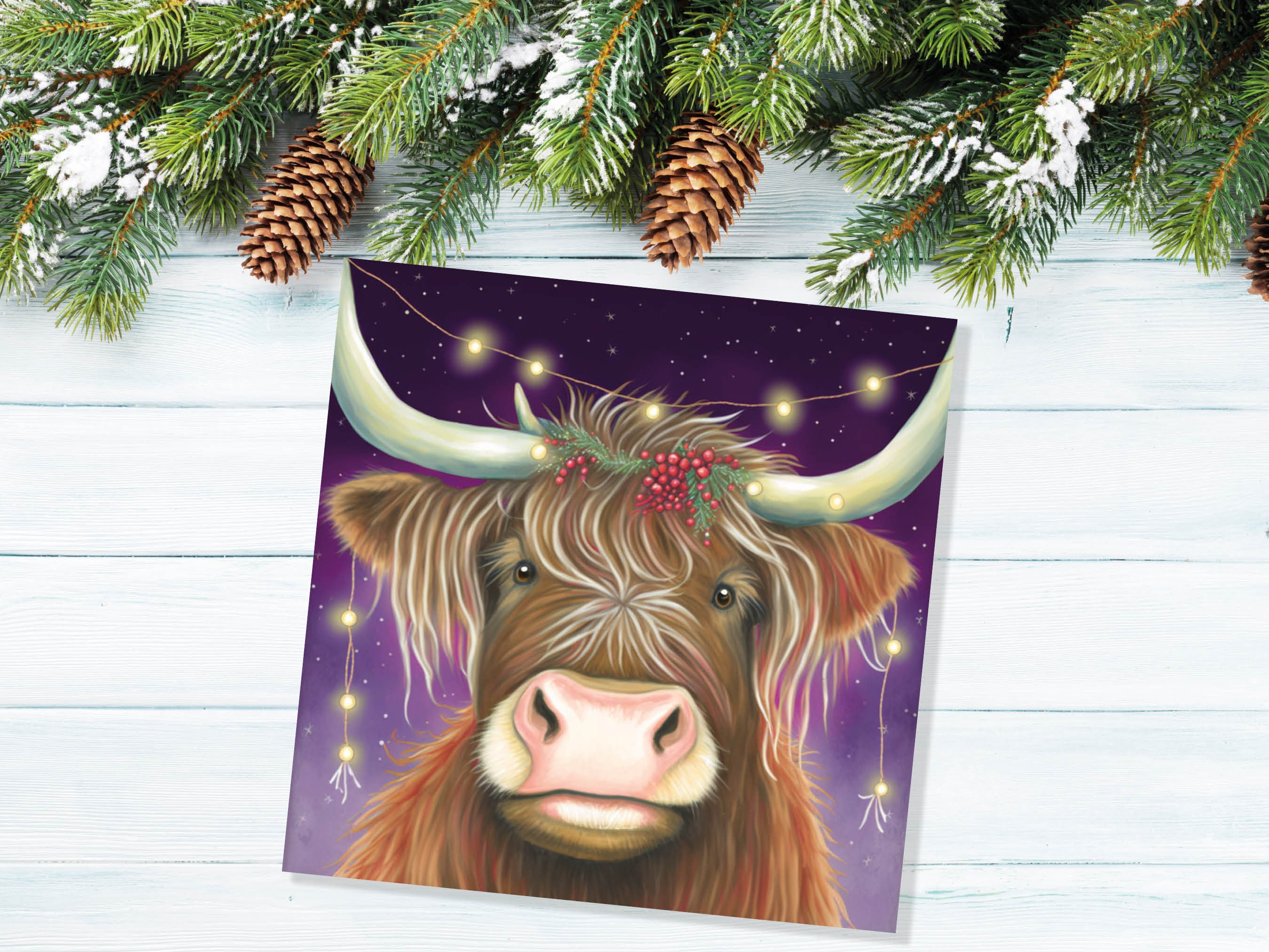 Highland Cow Card Heilan Muckle Coo with Fairy Lights Magical Night Purple Scotland Scottish Greetings Family Friends Xmas 2024 Thank You - View 5