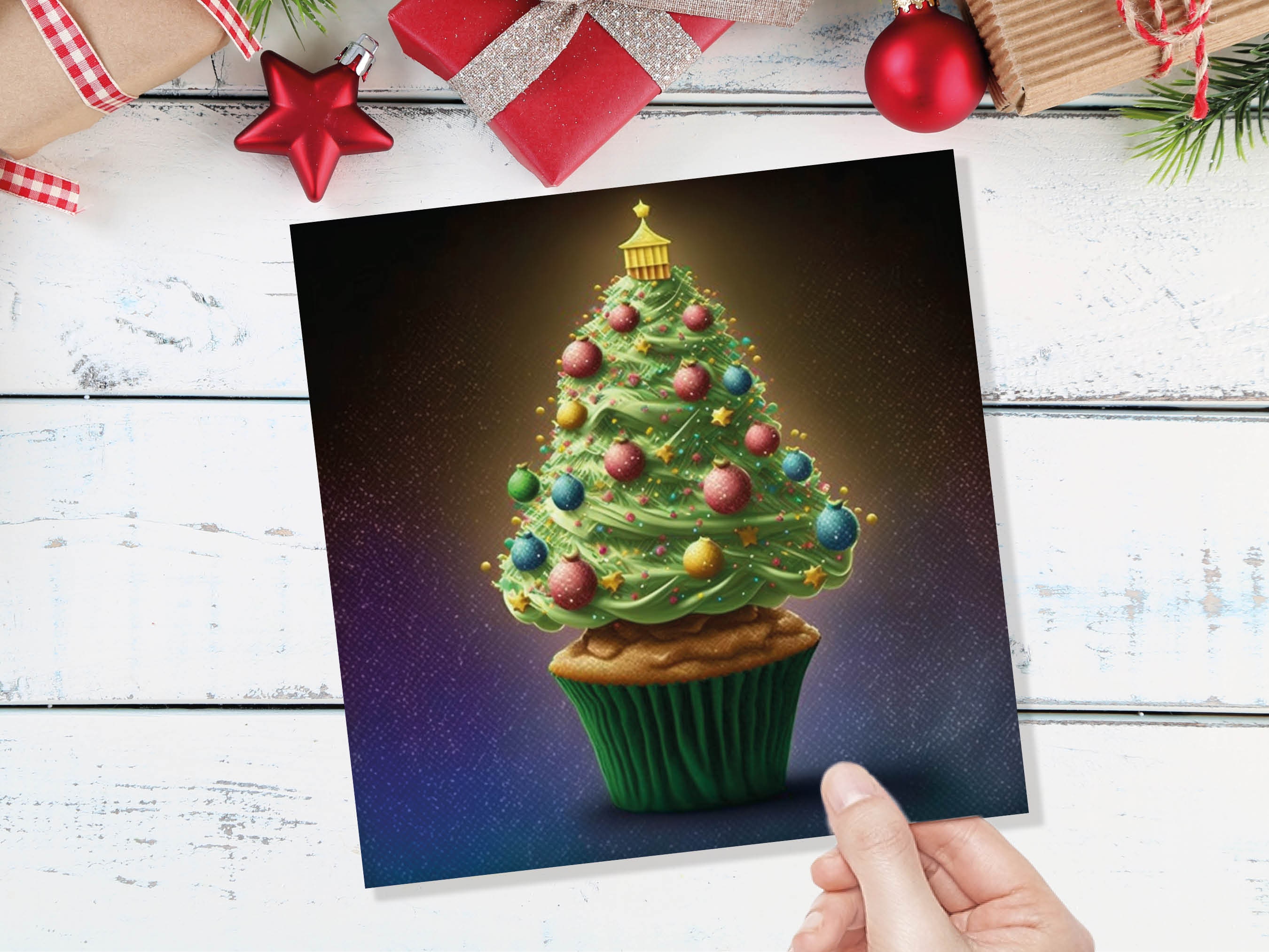 Cake Lovers Christmas Card Fairy Cupcake Tree Green Frosting Icing Pastel Baubles Xmas Greetings Card For Bakers Baking Family Friends 2024