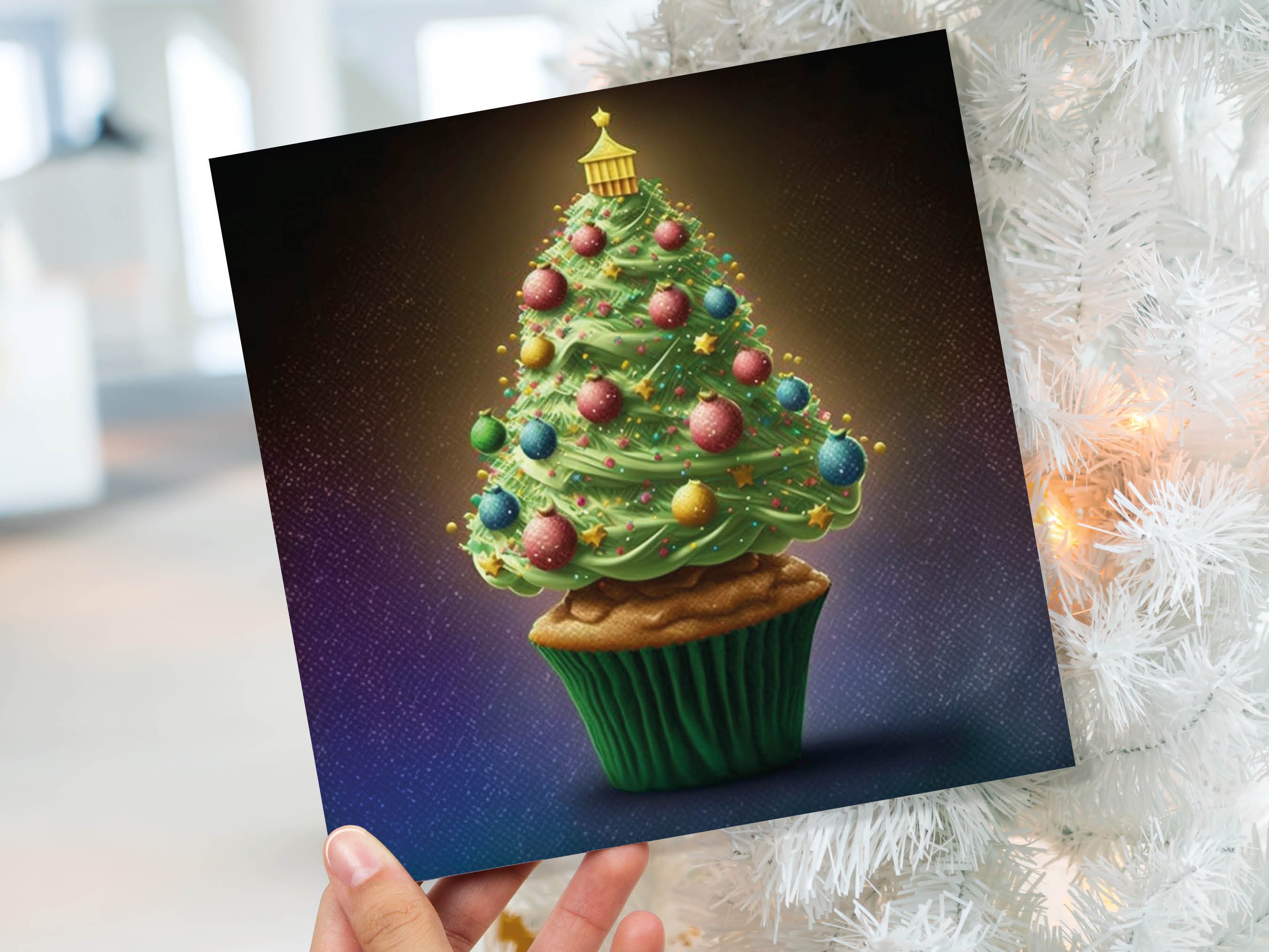 Cake Lovers Christmas Card Fairy Cupcake Tree Green Frosting Icing Pastel Baubles Xmas Greetings Card For Bakers Baking Family Friends 2024 - View 2