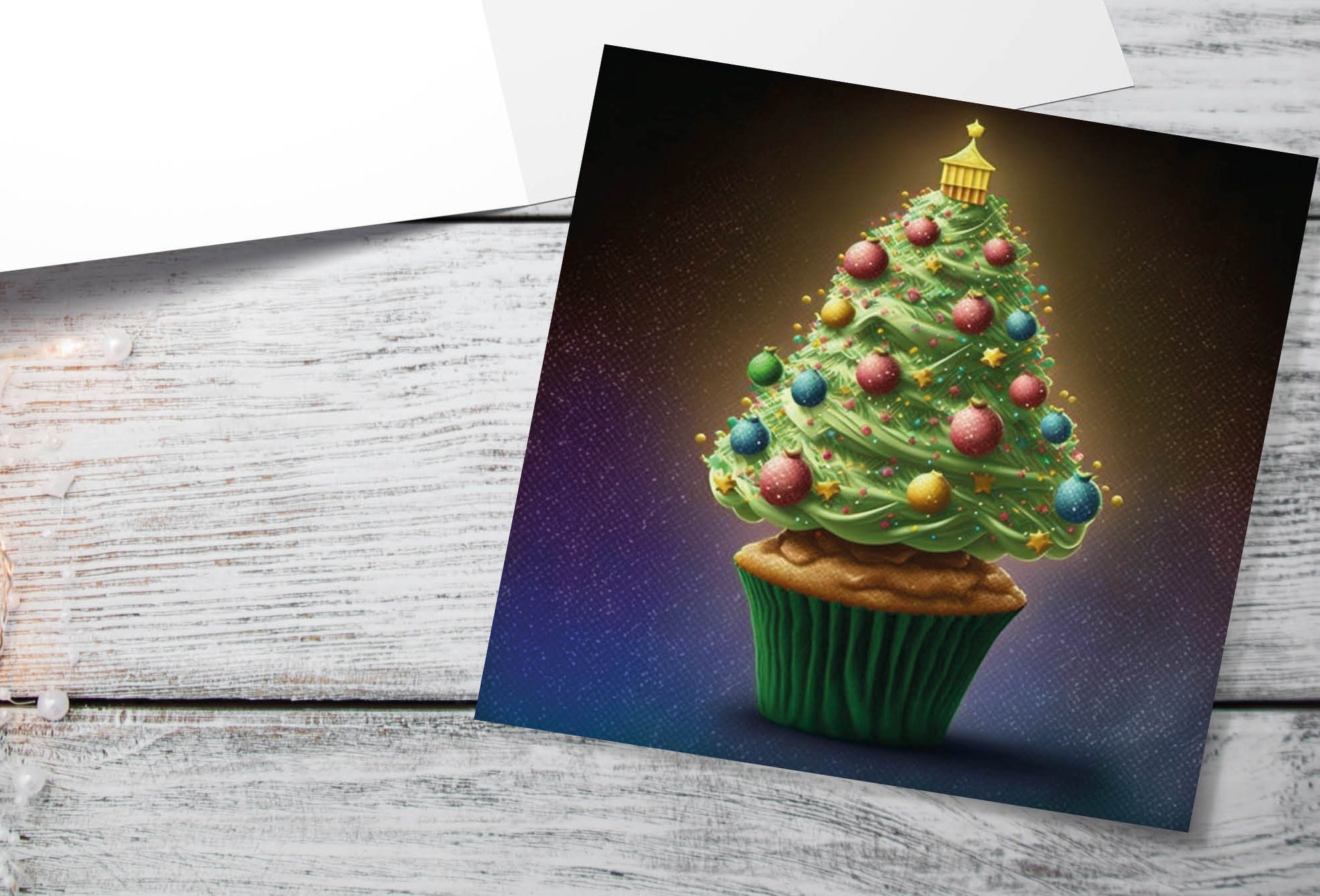 Cake Lovers Christmas Card Fairy Cupcake Tree Green Frosting Icing Pastel Baubles Xmas Greetings Card For Bakers Baking Family Friends 2024 - View 3