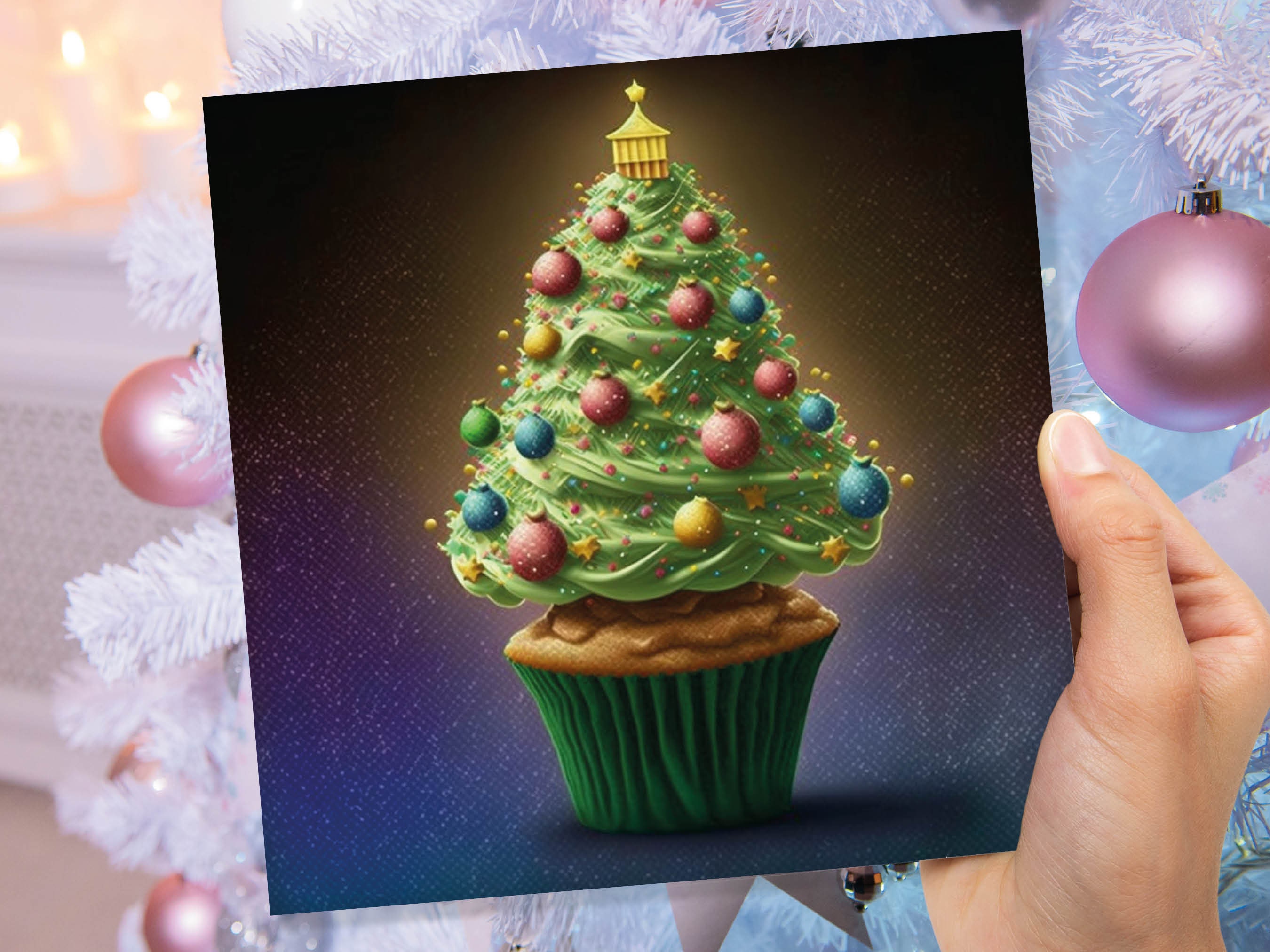 Cake Lovers Christmas Card Fairy Cupcake Tree Green Frosting Icing Pastel Baubles Xmas Greetings Card For Bakers Baking Family Friends 2024 - View 4