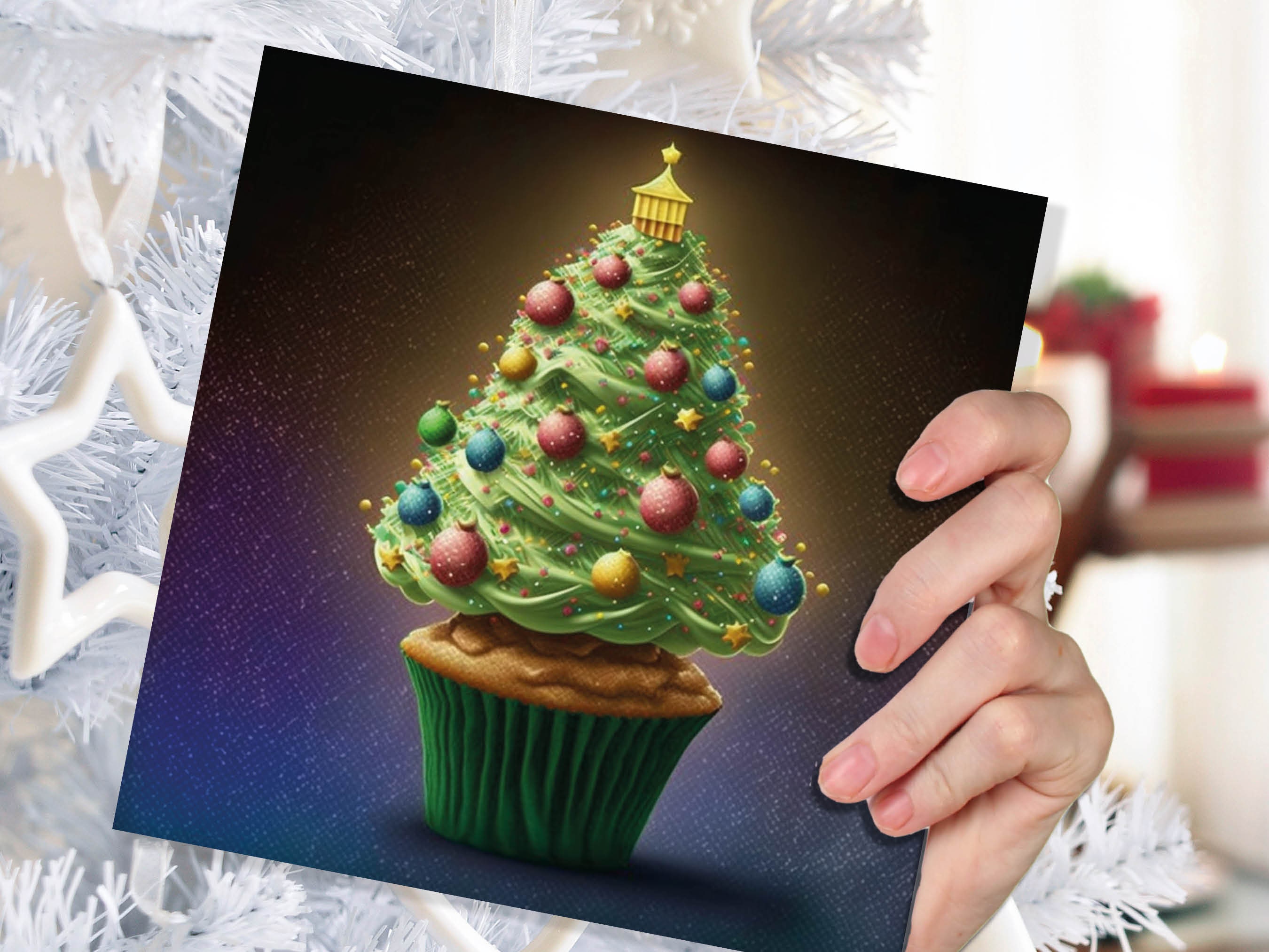 Cake Lovers Christmas Card Fairy Cupcake Tree Green Frosting Icing Pastel Baubles Xmas Greetings Card For Bakers Baking Family Friends 2024 - View 5