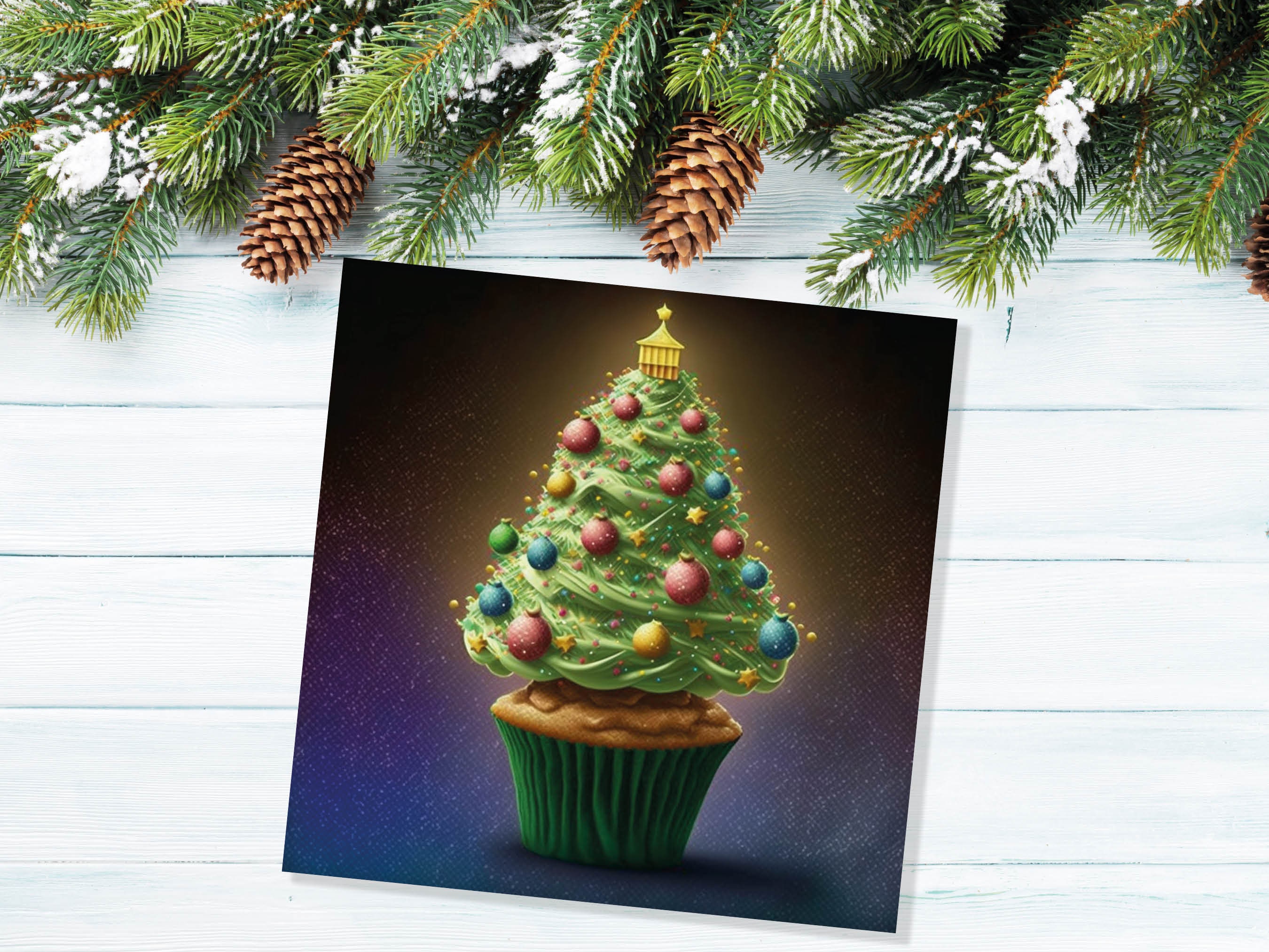 Cake Lovers Christmas Card Fairy Cupcake Tree Green Frosting Icing Pastel Baubles Xmas Greetings Card For Bakers Baking Family Friends 2024 - View 7