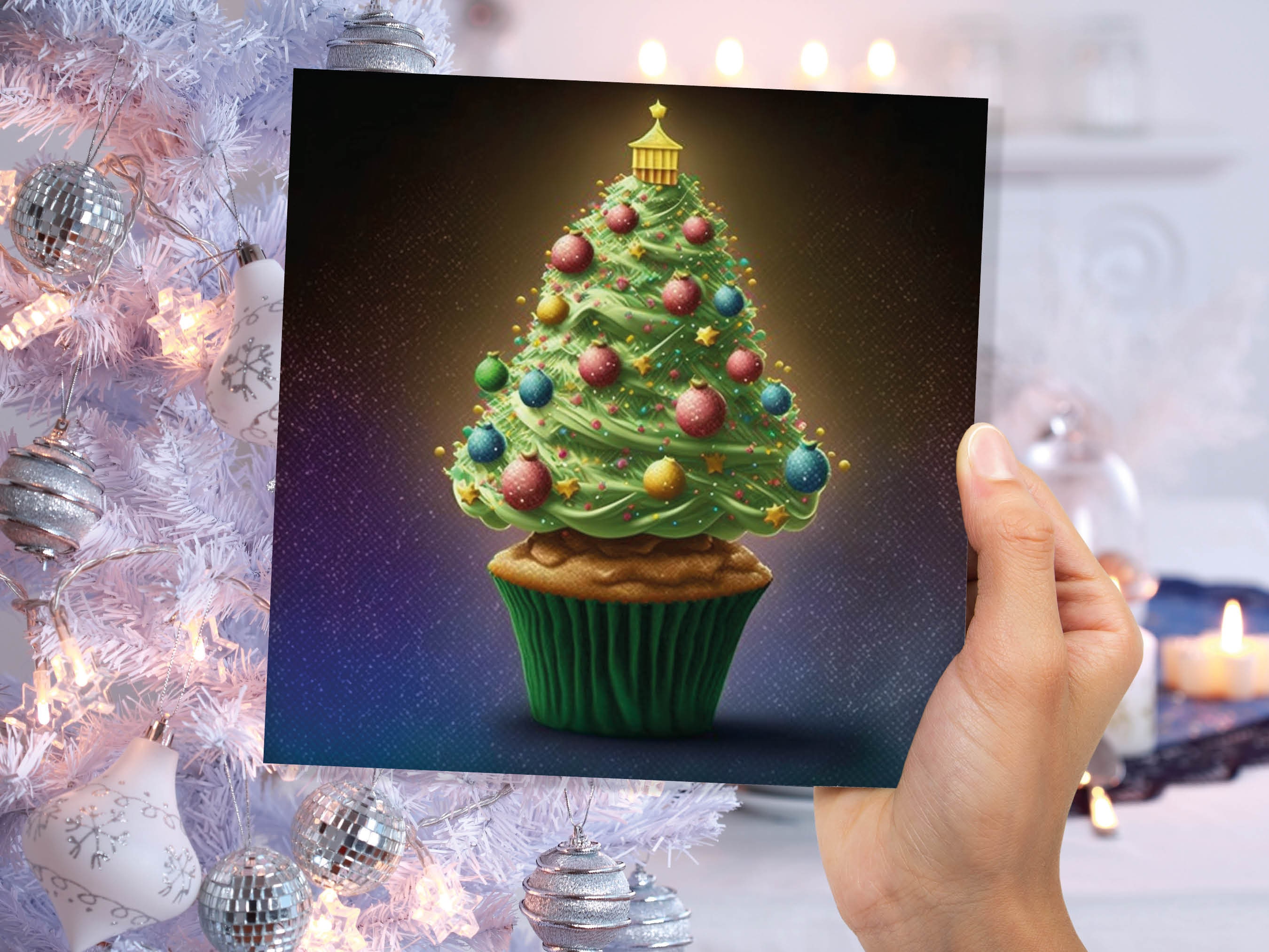 Cake Lovers Christmas Card Fairy Cupcake Tree Green Frosting Icing Pastel Baubles Xmas Greetings Card For Bakers Baking Family Friends 2024 - View 8