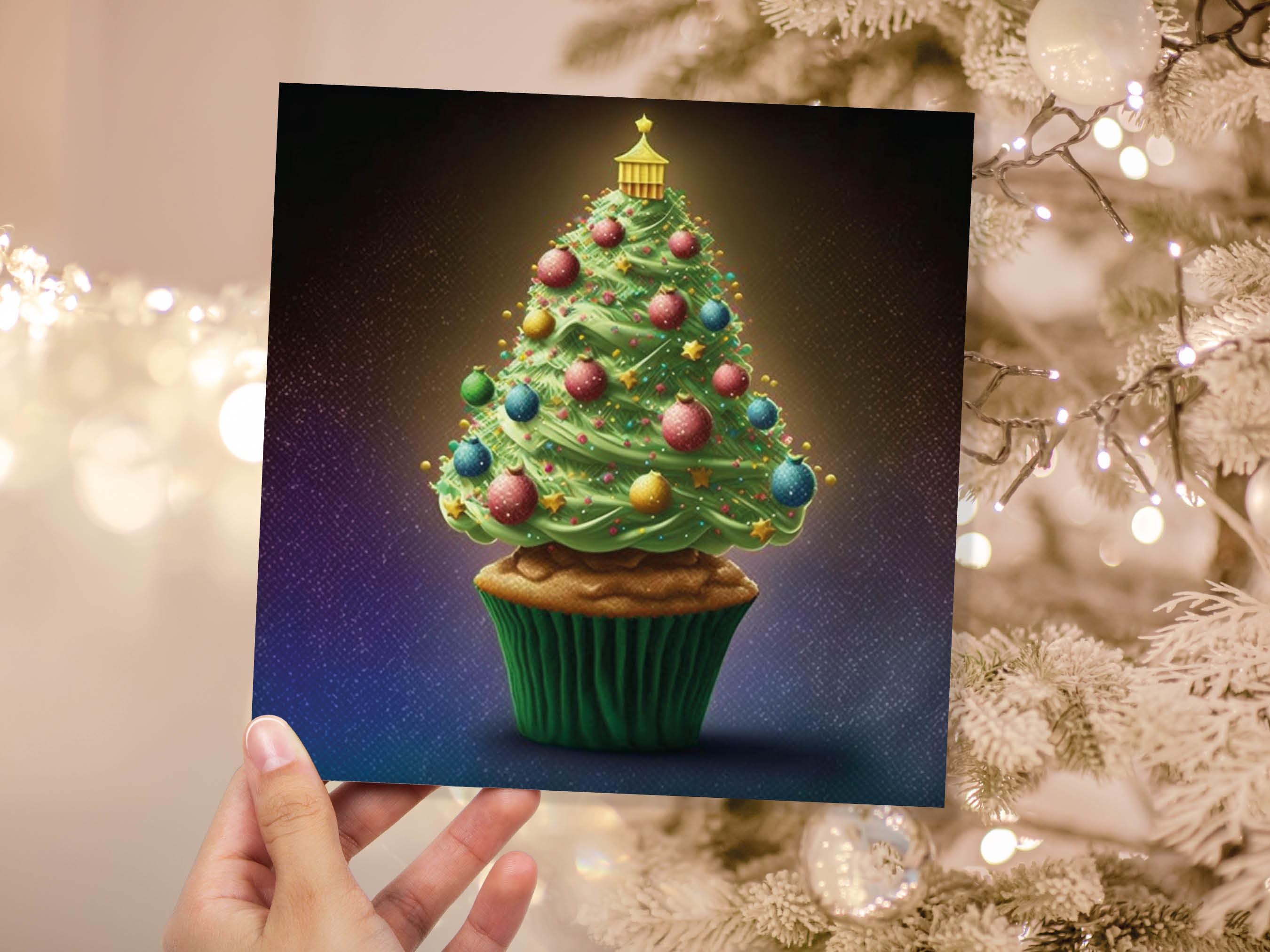 Cake Lovers Christmas Card Fairy Cupcake Tree Green Frosting Icing Pastel Baubles Xmas Greetings Card For Bakers Baking Family Friends 2024 - View 9