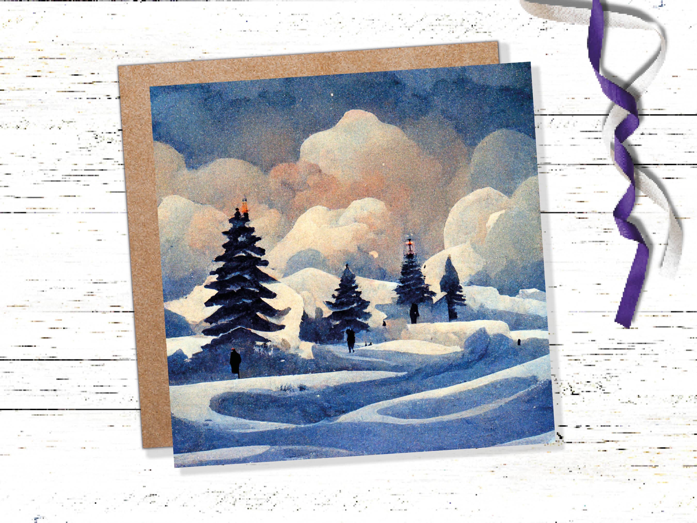 Winter Watercolour Card Impressionist Snow Scene with Trees Landscape Ski Hills Sun Blue Greetings for Family Friends Xmas 2024 Thank You