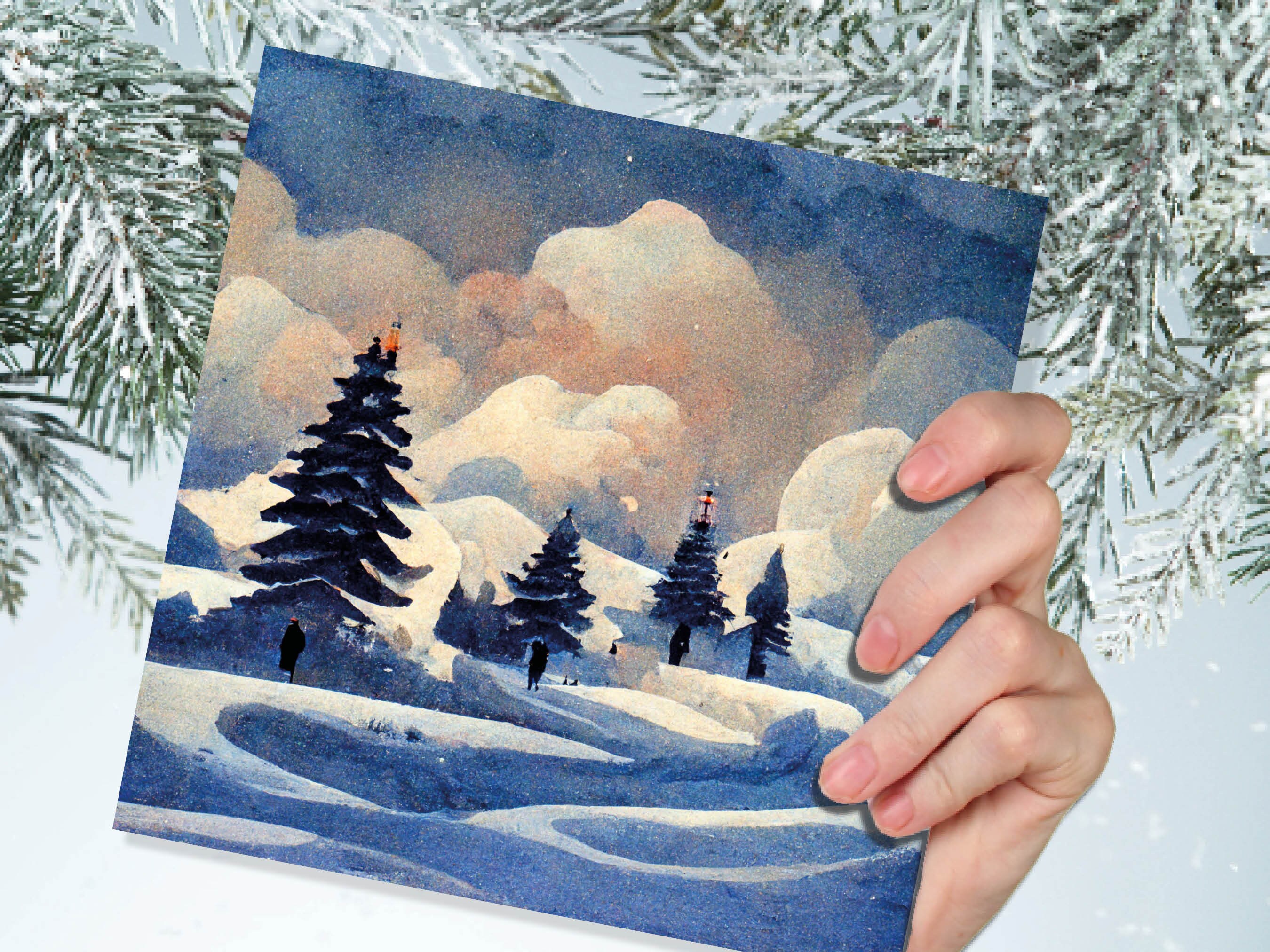 Winter Watercolour Card Impressionist Snow Scene with Trees Landscape Ski Hills Sun Blue Greetings for Family Friends Xmas 2024 Thank You - View 3