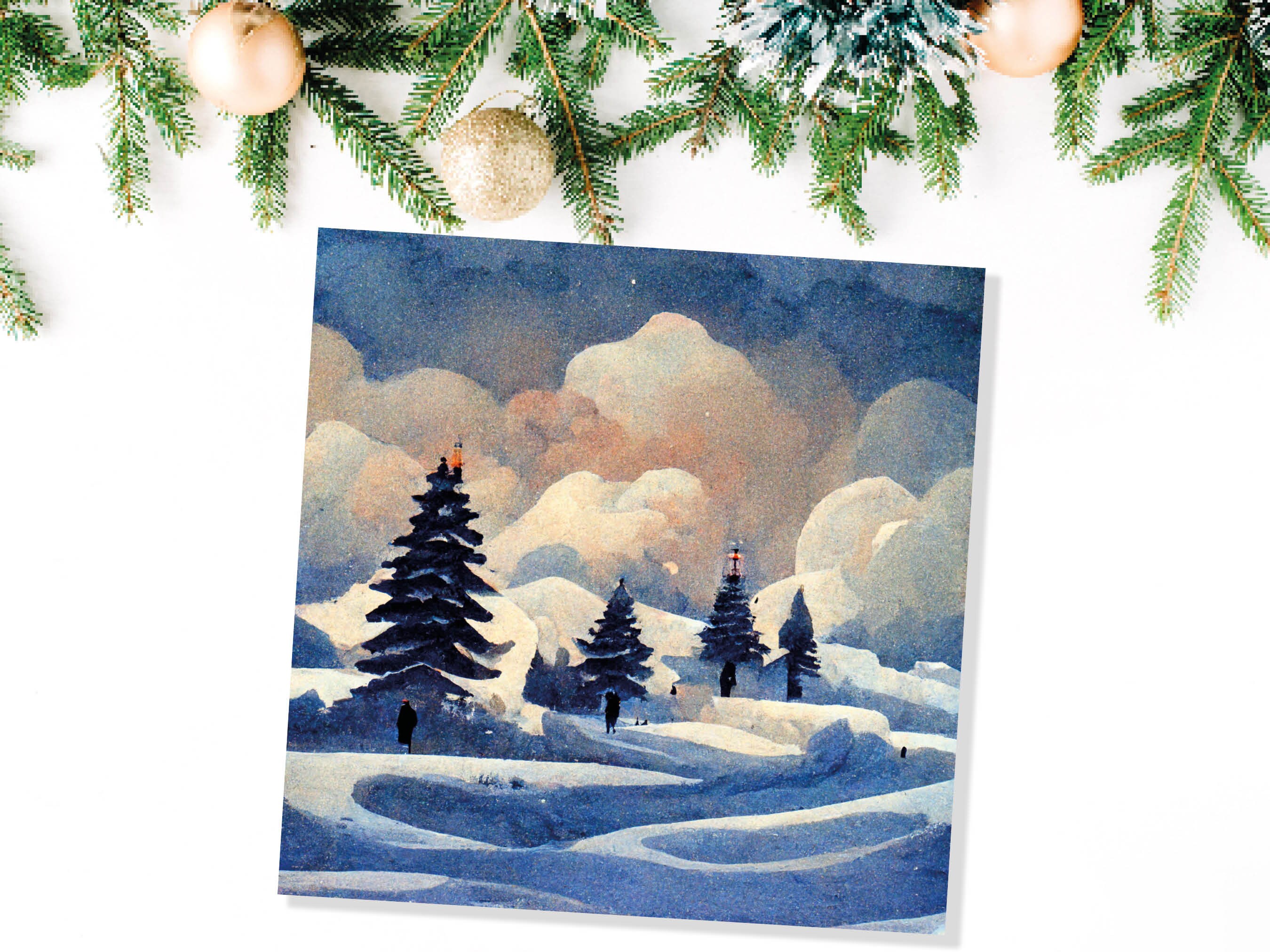 Winter Watercolour Card Impressionist Snow Scene with Trees Landscape Ski Hills Sun Blue Greetings for Family Friends Xmas 2024 Thank You - View 4