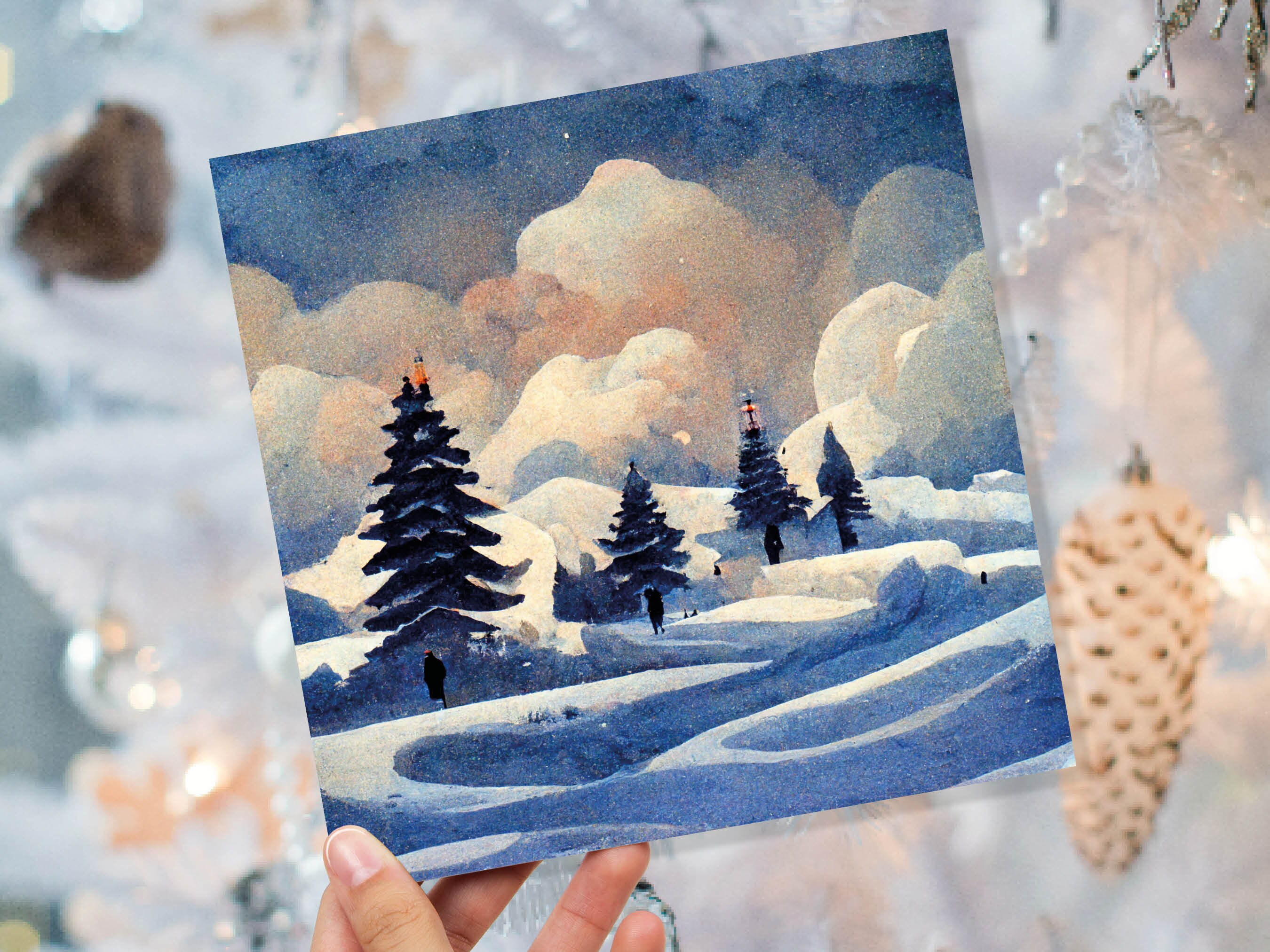 Winter Watercolour Card Impressionist Snow Scene with Trees Landscape Ski Hills Sun Blue Greetings for Family Friends Xmas 2024 Thank You - View 5