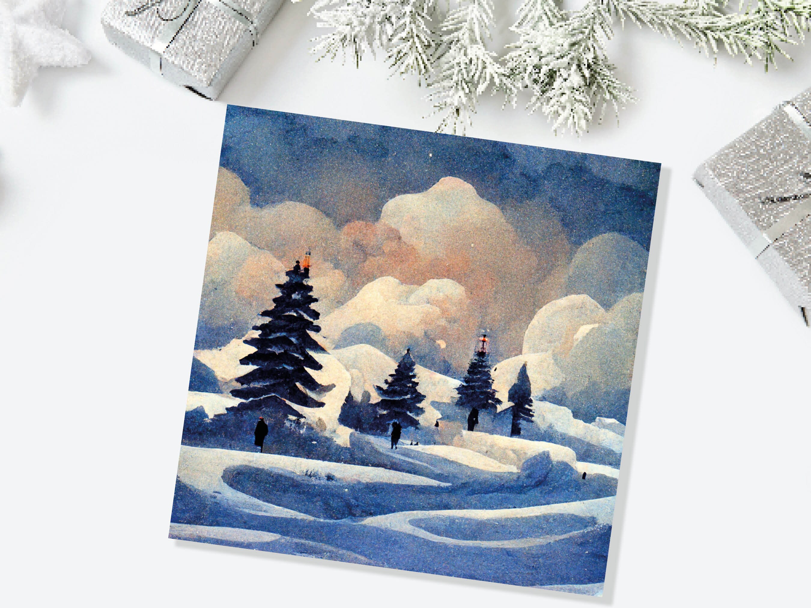 Winter Watercolour Card Impressionist Snow Scene with Trees Landscape Ski Hills Sun Blue Greetings for Family Friends Xmas 2024 Thank You - View 7