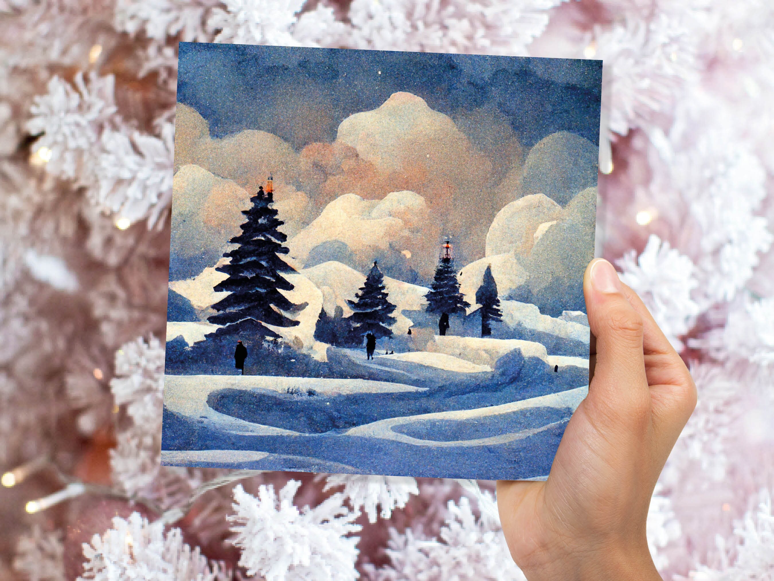 Winter Watercolour Card Impressionist Snow Scene with Trees Landscape Ski Hills Sun Blue Greetings for Family Friends Xmas 2024 Thank You - View 8