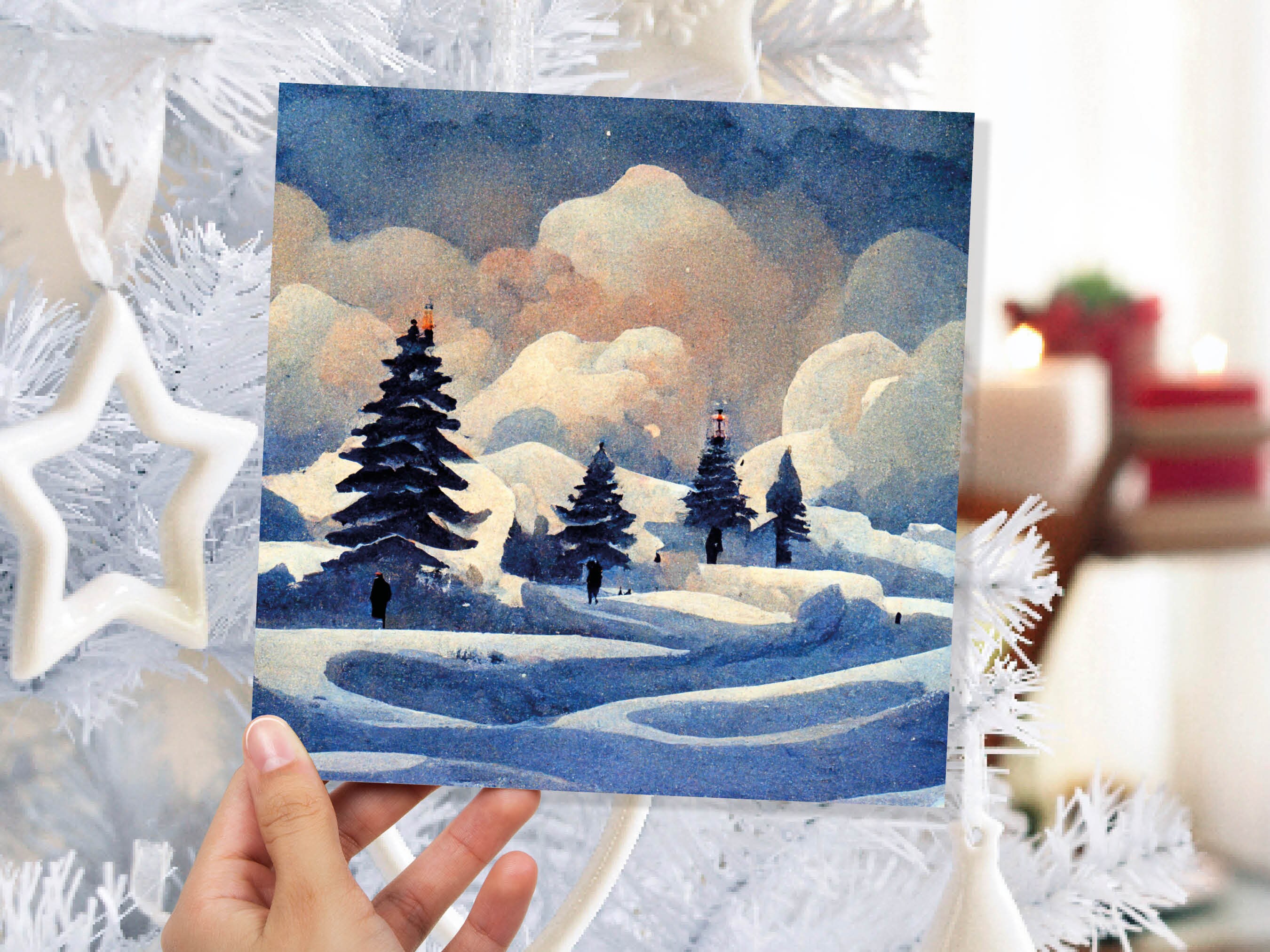 Winter Watercolour Card Impressionist Snow Scene with Trees Landscape Ski Hills Sun Blue Greetings for Family Friends Xmas 2024 Thank You - View 9