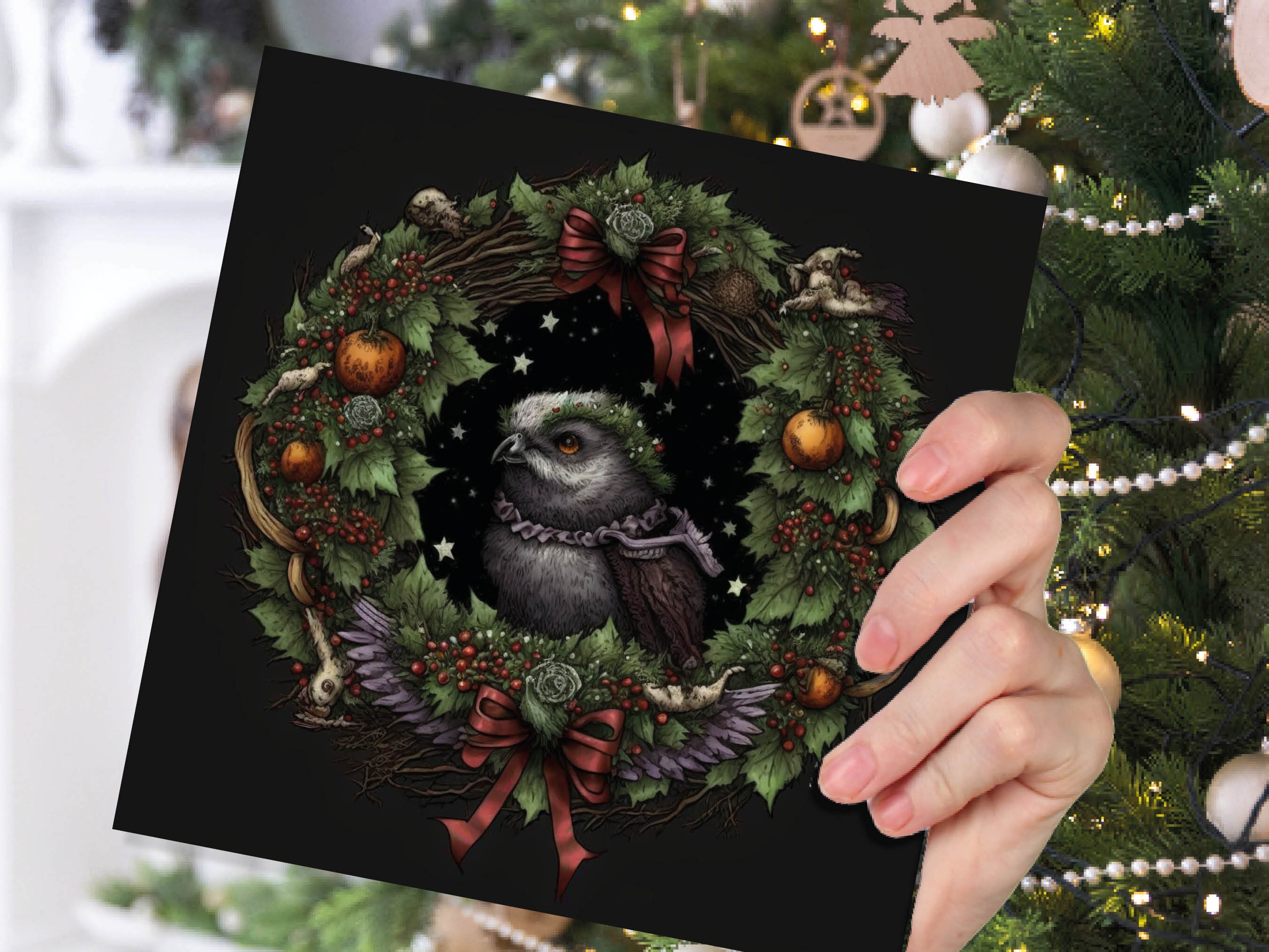 Pagan Yule Christmas Card Witchy Wiccan Owl Wreath with Dark Red and Green Leaves and Branches Design Greetings For Family Friends Xmas 2024 - View 10