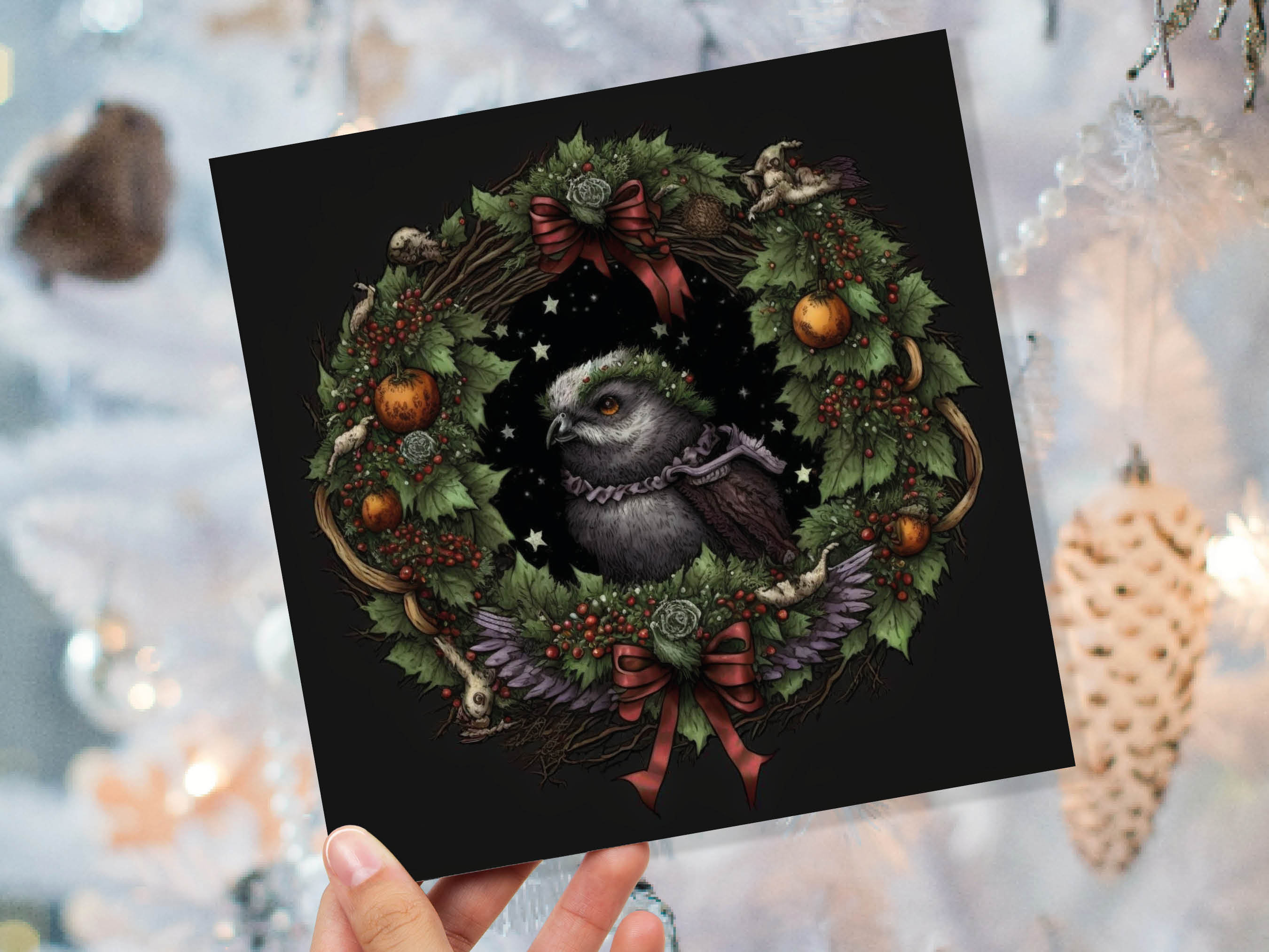 Pagan Yule Christmas Card Witchy Wiccan Owl Wreath with Dark Red and Green Leaves and Branches Design Greetings For Family Friends Xmas 2024