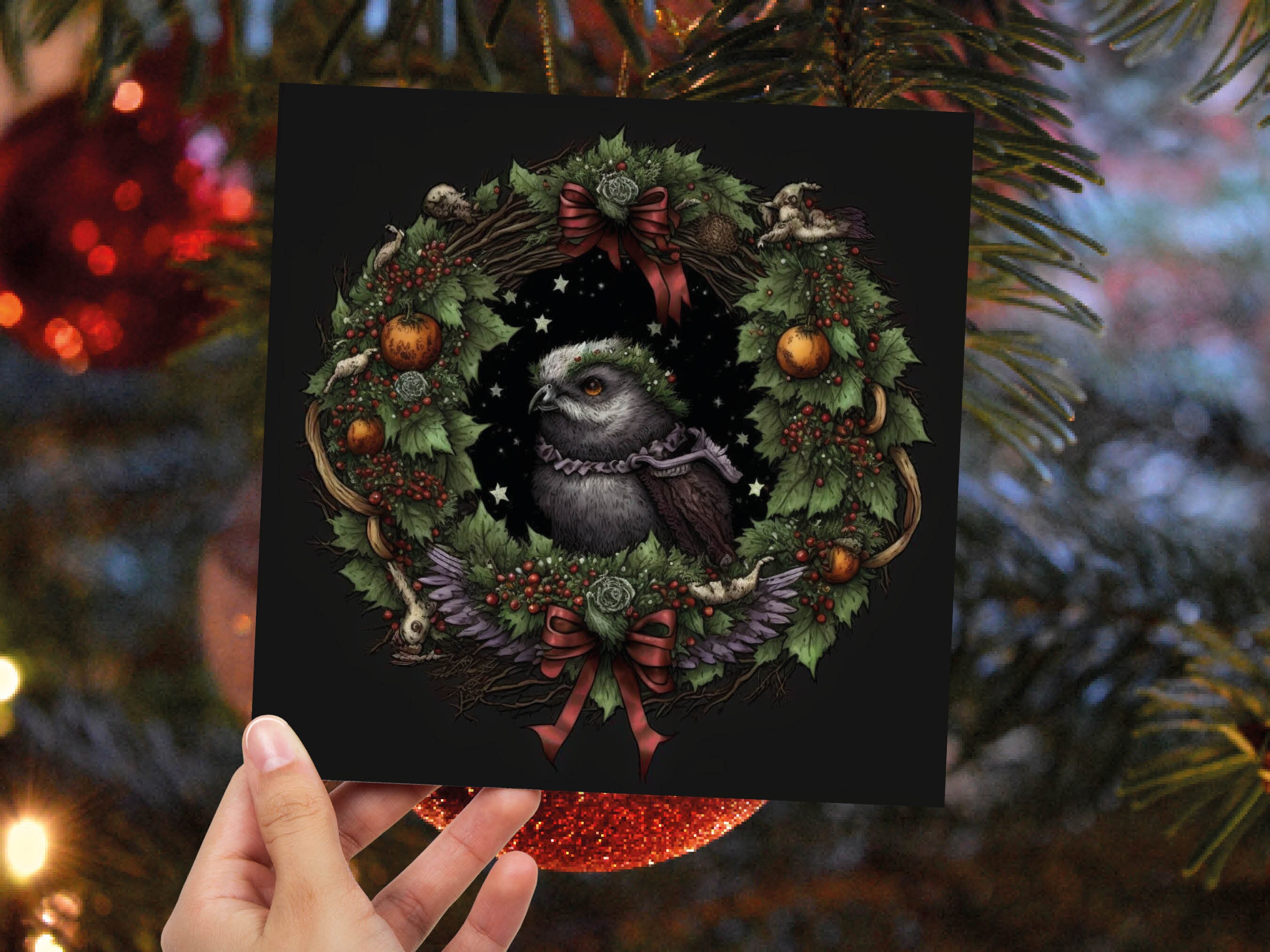 Pagan Yule Christmas Card Witchy Wiccan Owl Wreath with Dark Red and Green Leaves and Branches Design Greetings For Family Friends Xmas 2024 - View 2