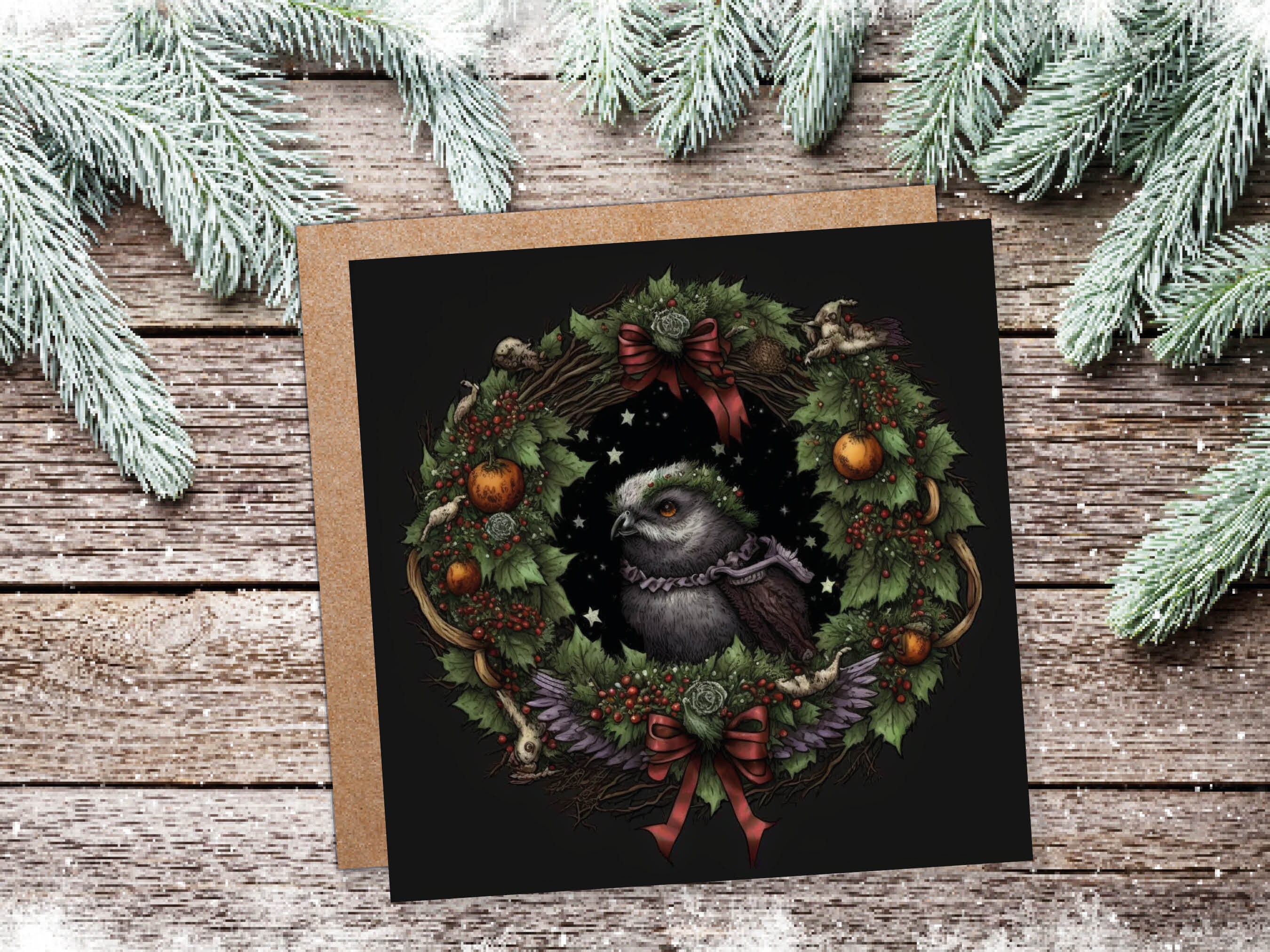 Pagan Yule Christmas Card Witchy Wiccan Owl Wreath with Dark Red and Green Leaves and Branches Design Greetings For Family Friends Xmas 2024 - View 3