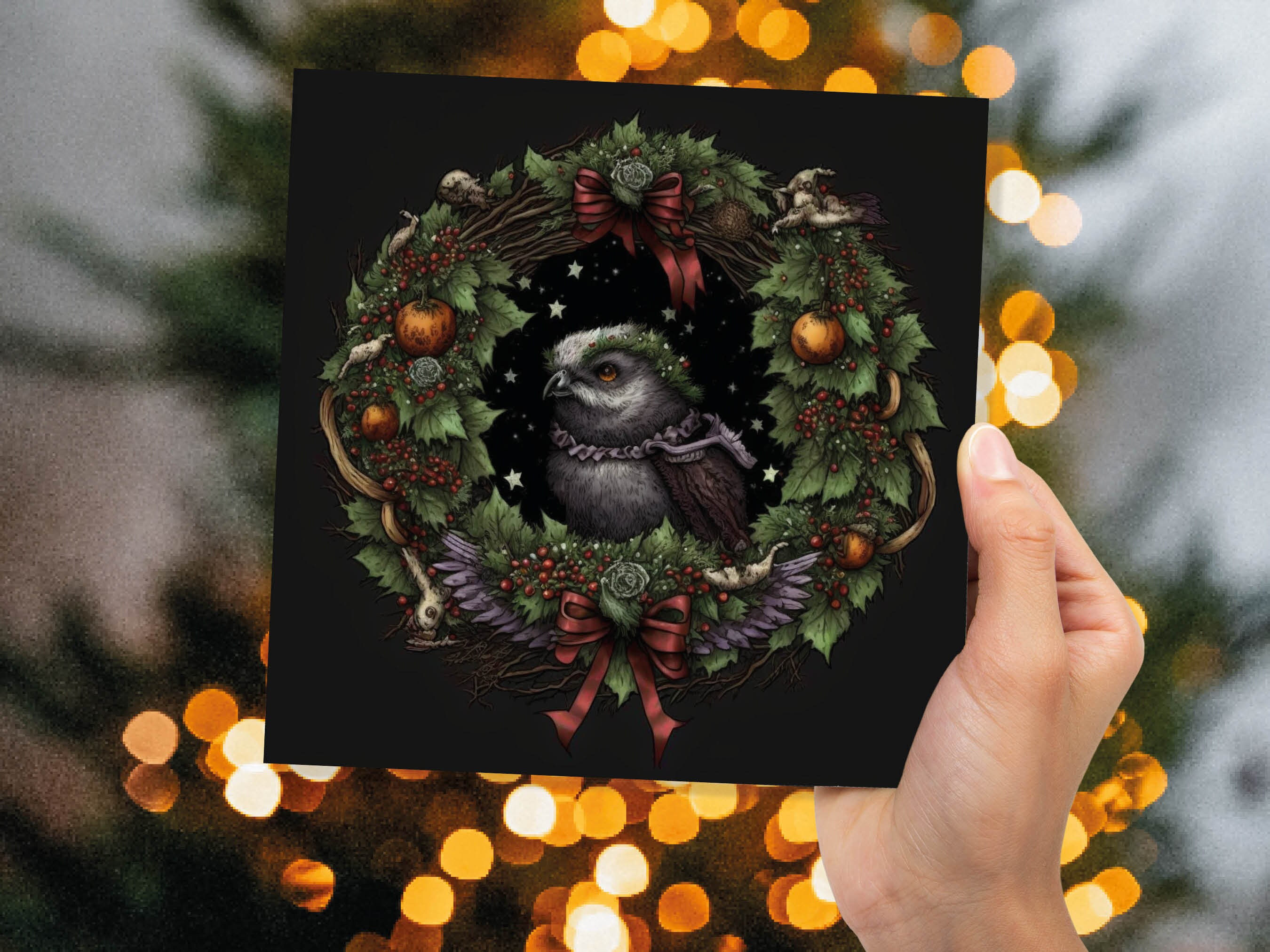 Pagan Yule Christmas Card Witchy Wiccan Owl Wreath with Dark Red and Green Leaves and Branches Design Greetings For Family Friends Xmas 2024 - View 4