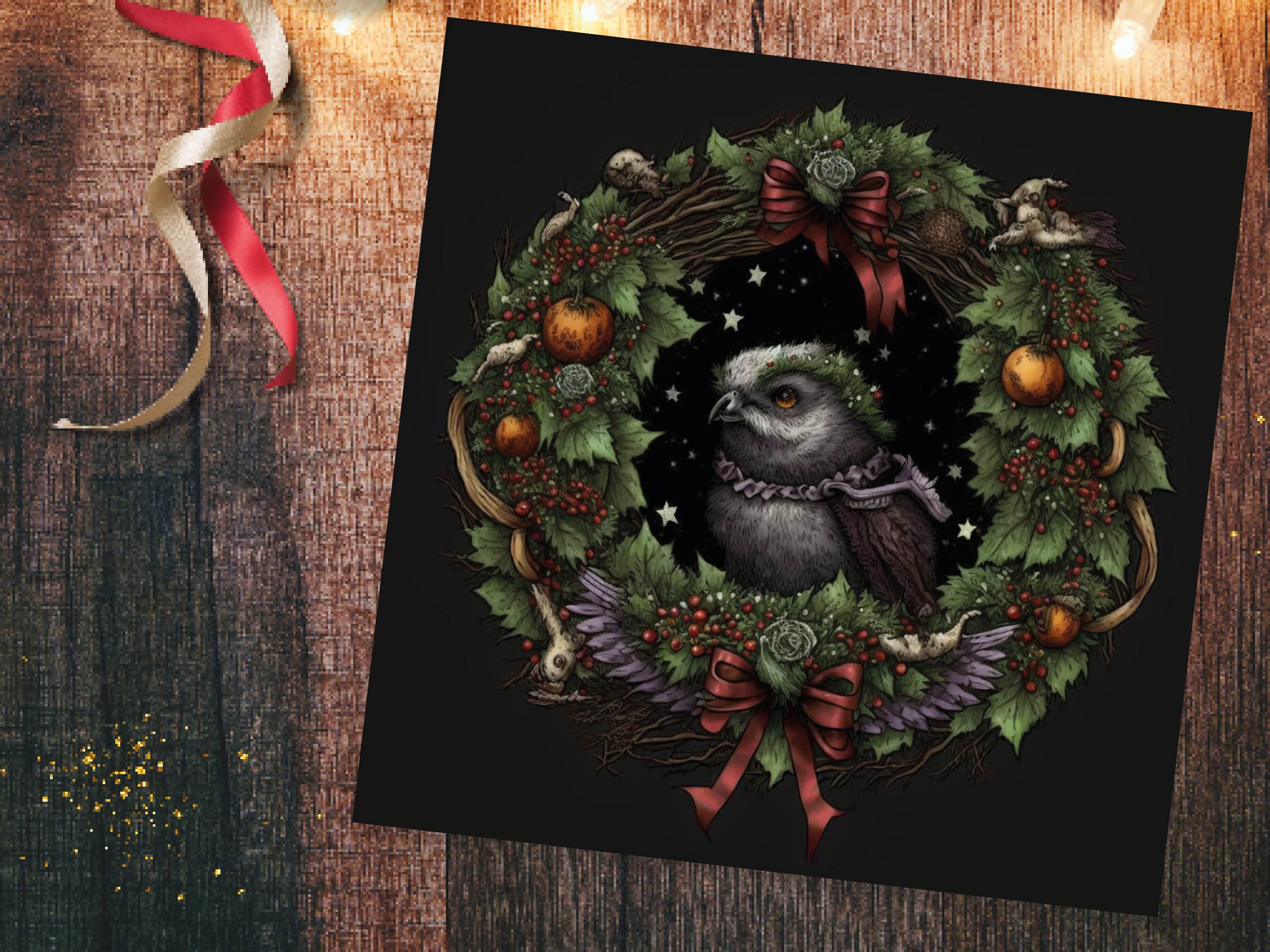 Pagan Yule Christmas Card Witchy Wiccan Owl Wreath with Dark Red and Green Leaves and Branches Design Greetings For Family Friends Xmas 2024 - View 5