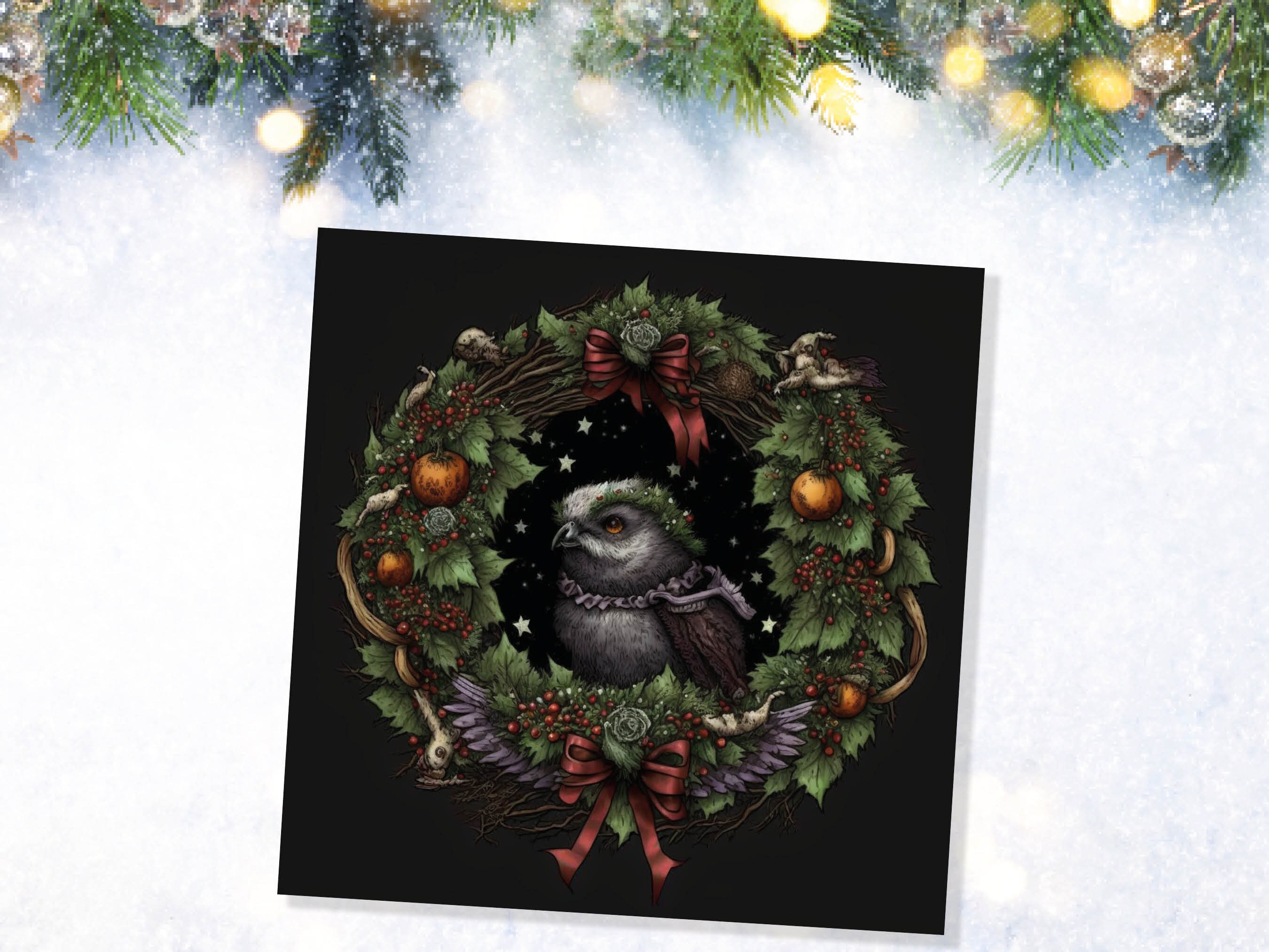 Pagan Yule Christmas Card Witchy Wiccan Owl Wreath with Dark Red and Green Leaves and Branches Design Greetings For Family Friends Xmas 2024 - View 6