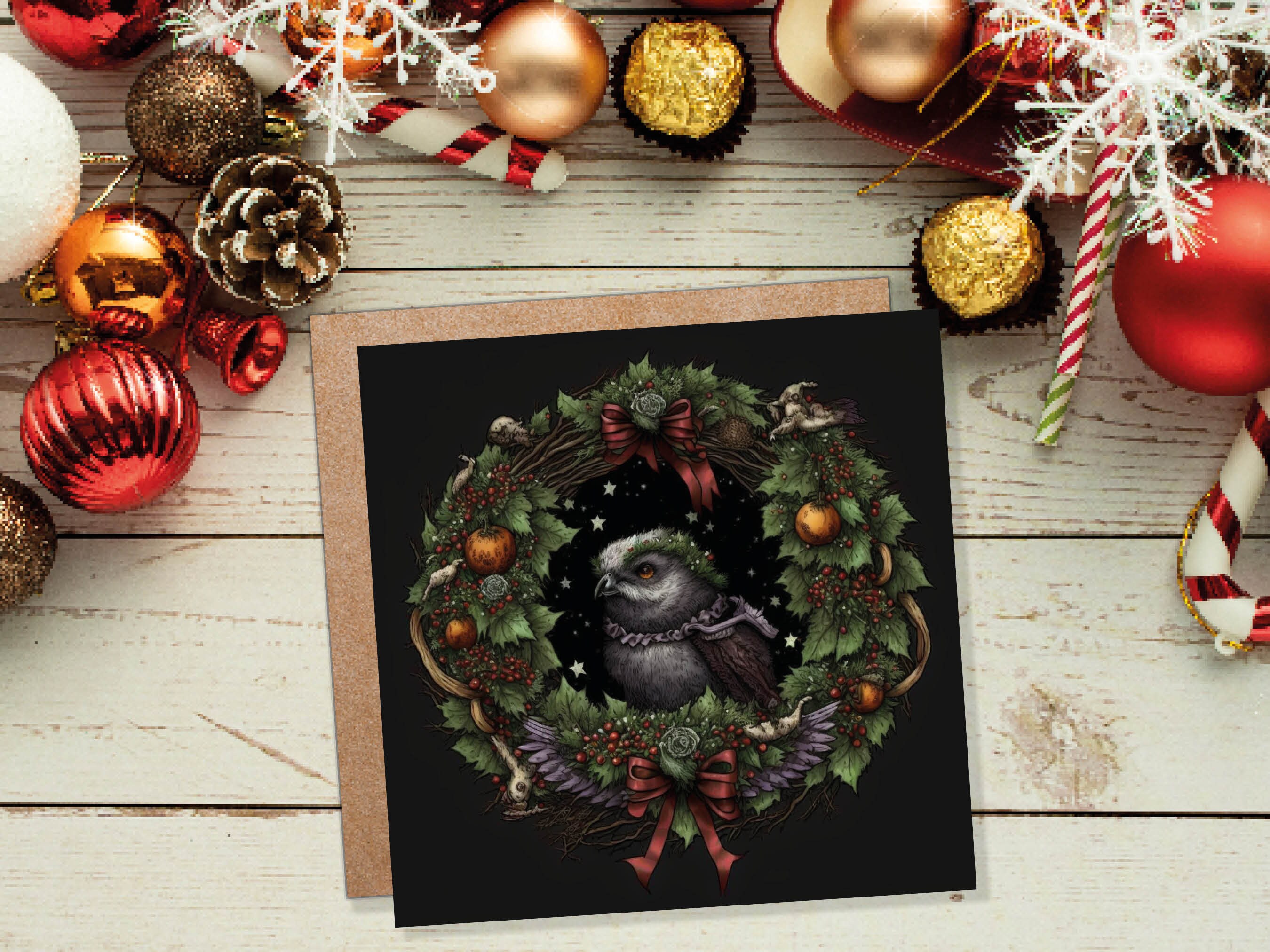 Pagan Yule Christmas Card Witchy Wiccan Owl Wreath with Dark Red and Green Leaves and Branches Design Greetings For Family Friends Xmas 2024 - View 7