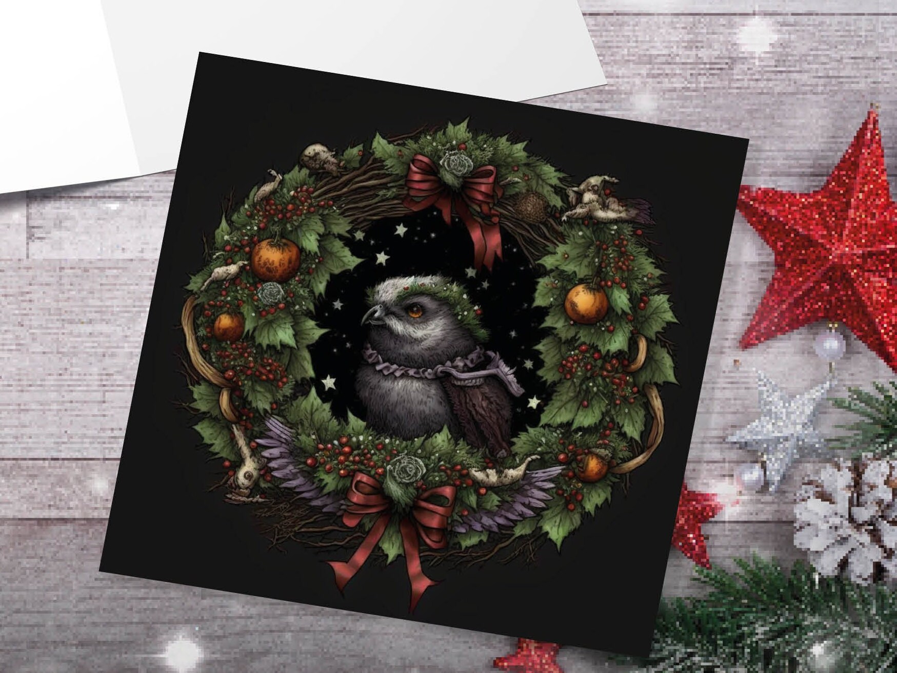 Pagan Yule Christmas Card Witchy Wiccan Owl Wreath with Dark Red and Green Leaves and Branches Design Greetings For Family Friends Xmas 2024 - View 8