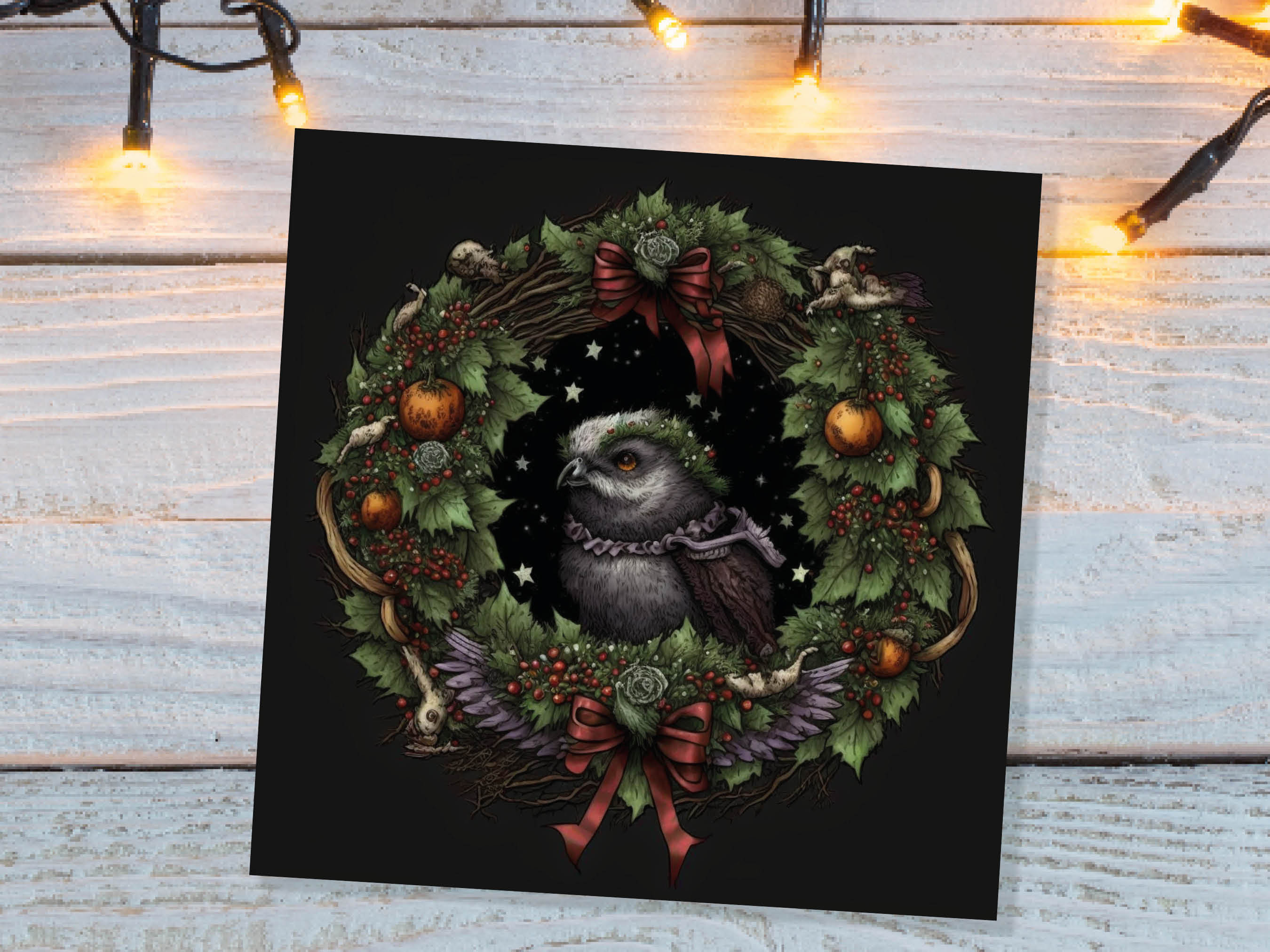 Pagan Yule Christmas Card Witchy Wiccan Owl Wreath with Dark Red and Green Leaves and Branches Design Greetings For Family Friends Xmas 2024 - View 9