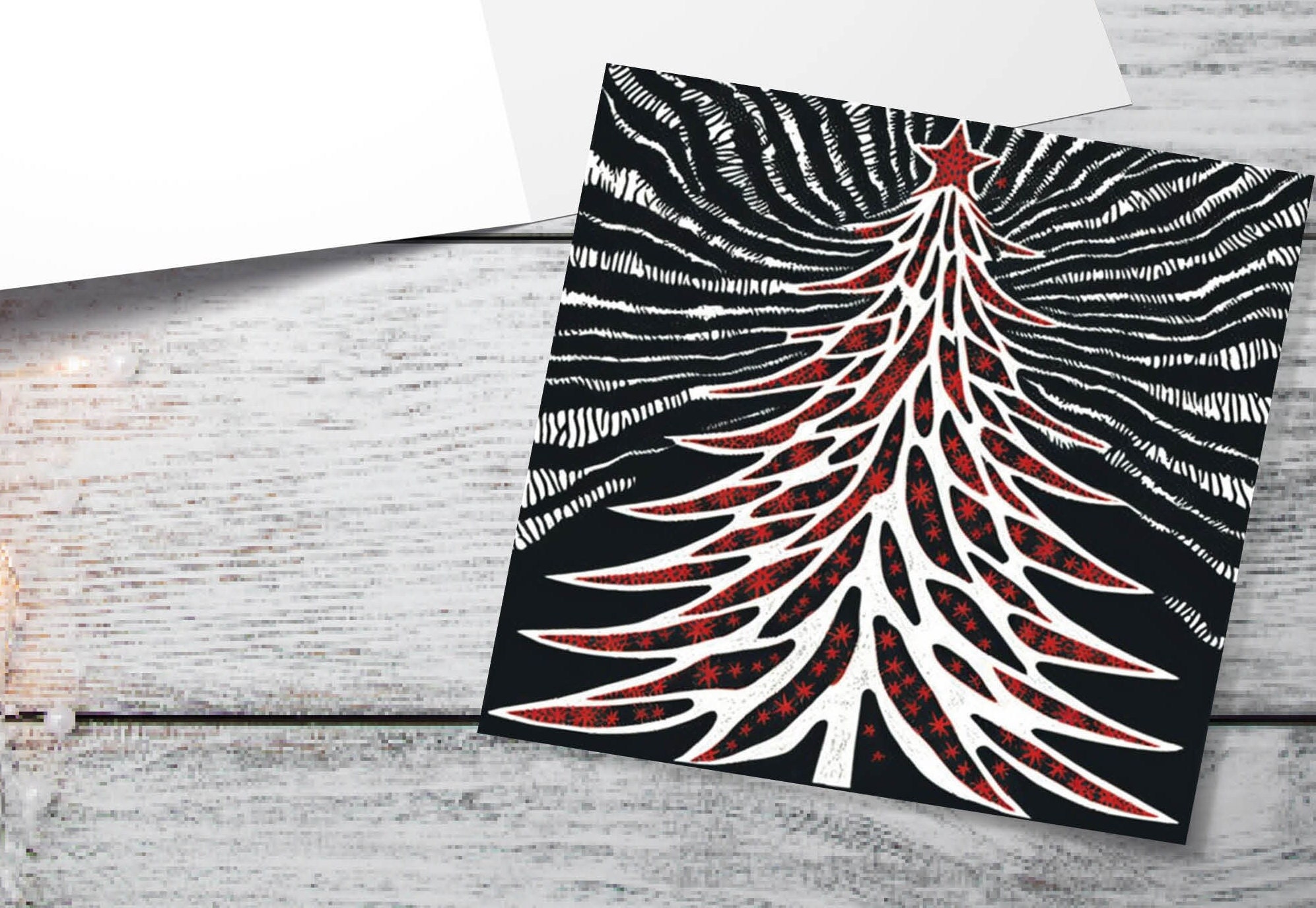 Linocut Christmas Tree Card Black White Red Retro Monochrome Magical Northern Lights Night Sky Greetings Cards For Family Friends Xmas 2024 - View 10