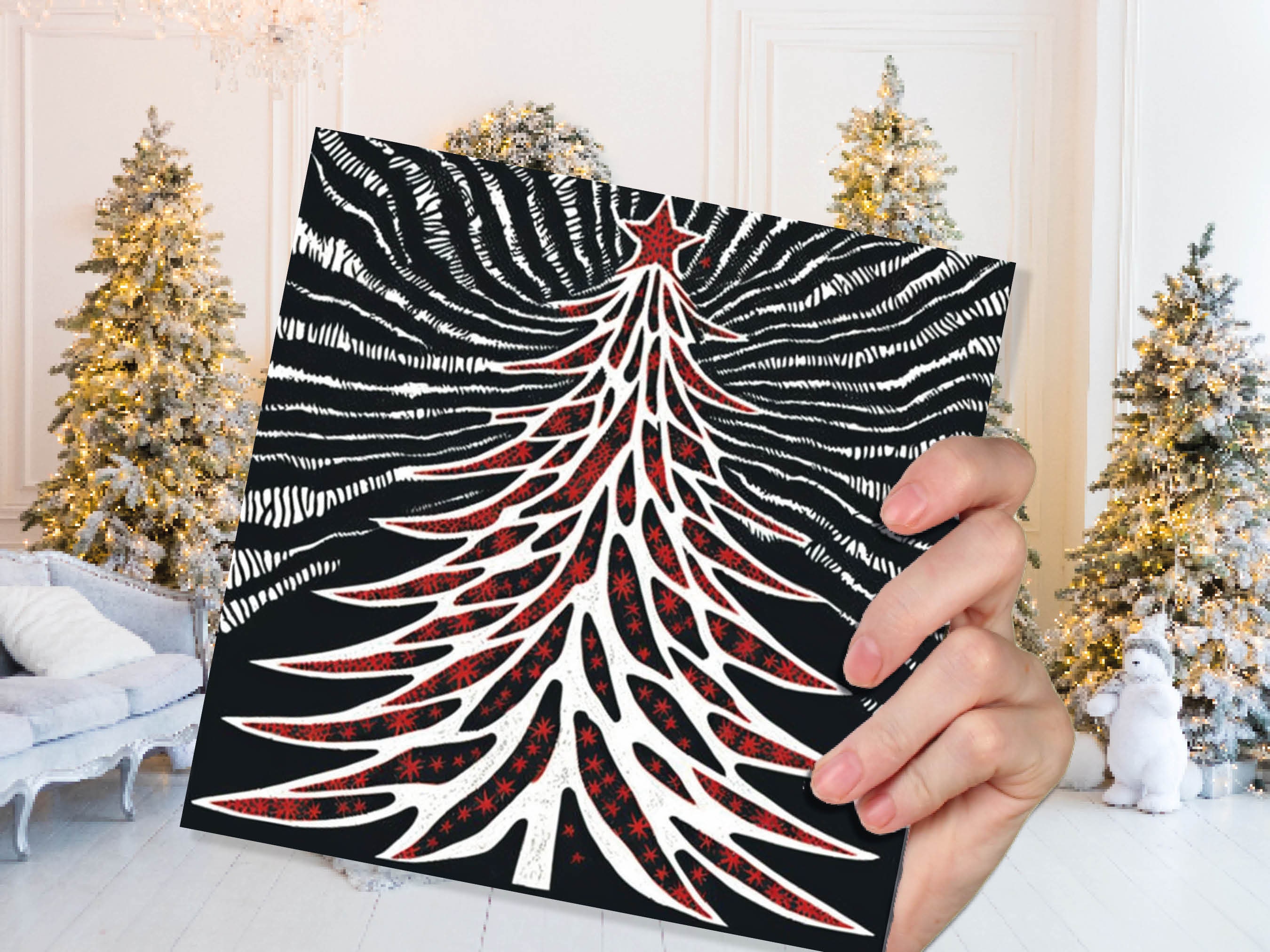 Linocut Christmas Tree Card Black White Red Retro Monochrome Magical Northern Lights Night Sky Greetings Cards For Family Friends Xmas 2024