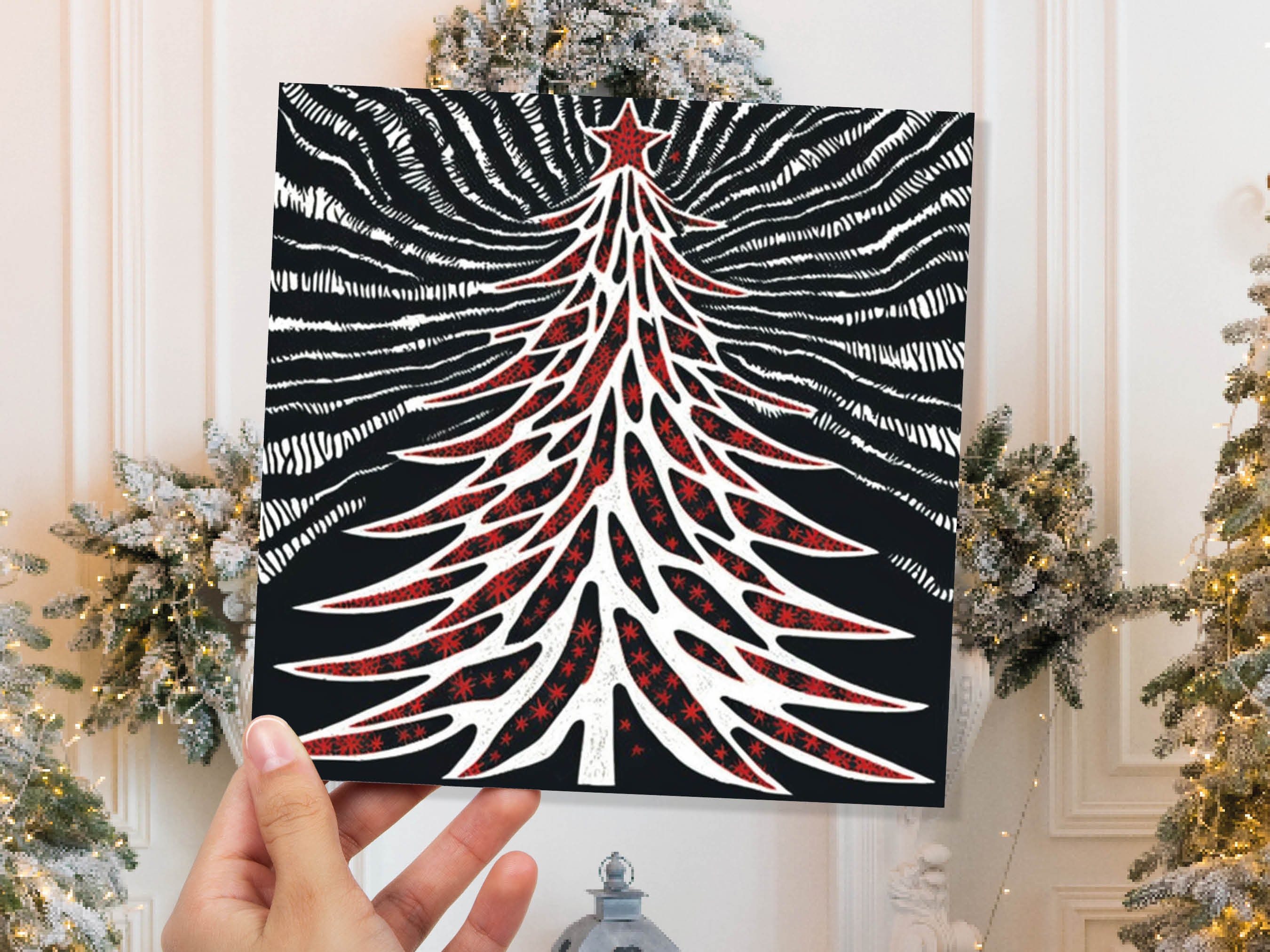 Linocut Christmas Tree Card Black White Red Retro Monochrome Magical Northern Lights Night Sky Greetings Cards For Family Friends Xmas 2024 - View 2