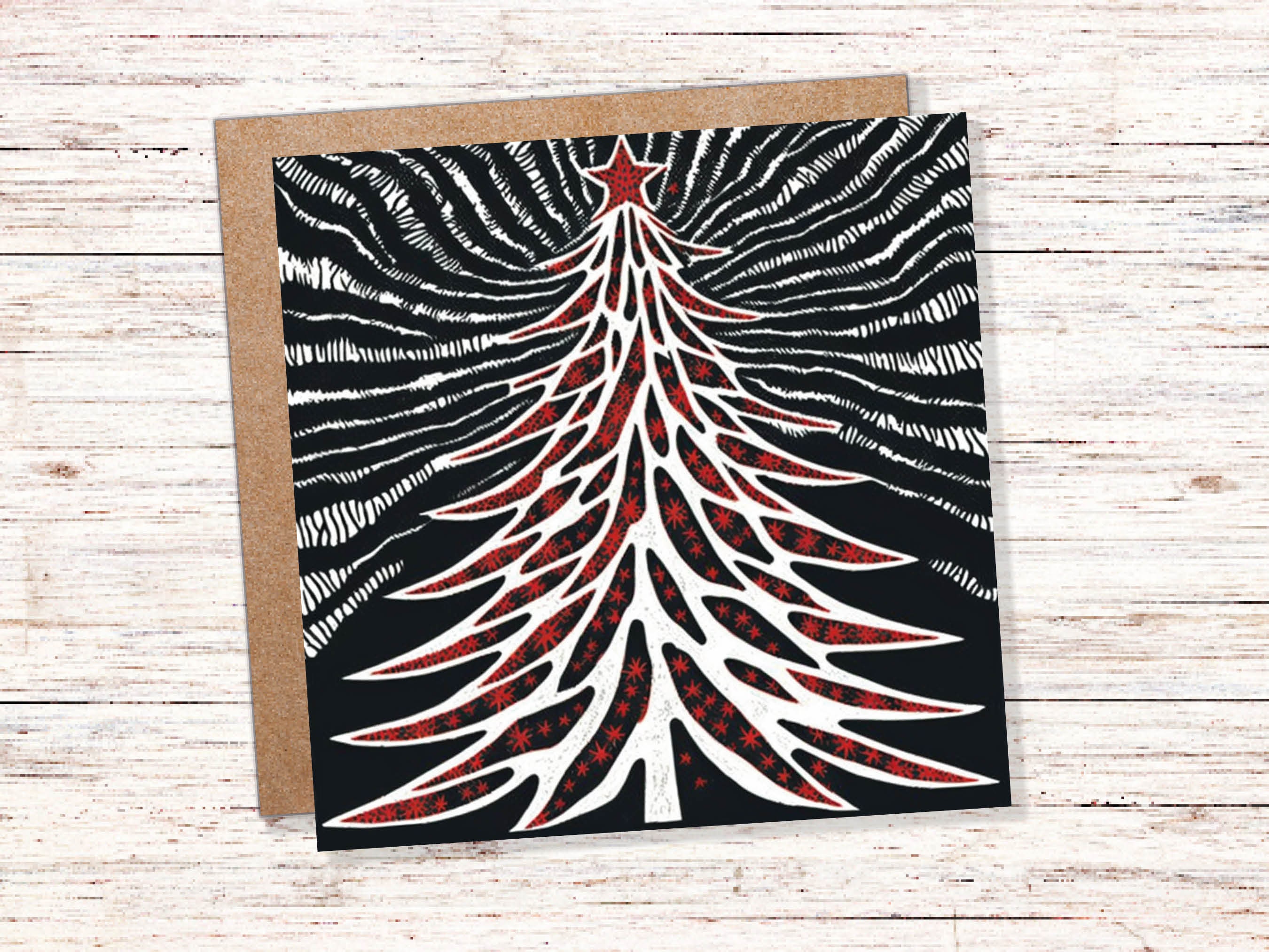 Linocut Christmas Tree Card Black White Red Retro Monochrome Magical Northern Lights Night Sky Greetings Cards For Family Friends Xmas 2024 - View 3