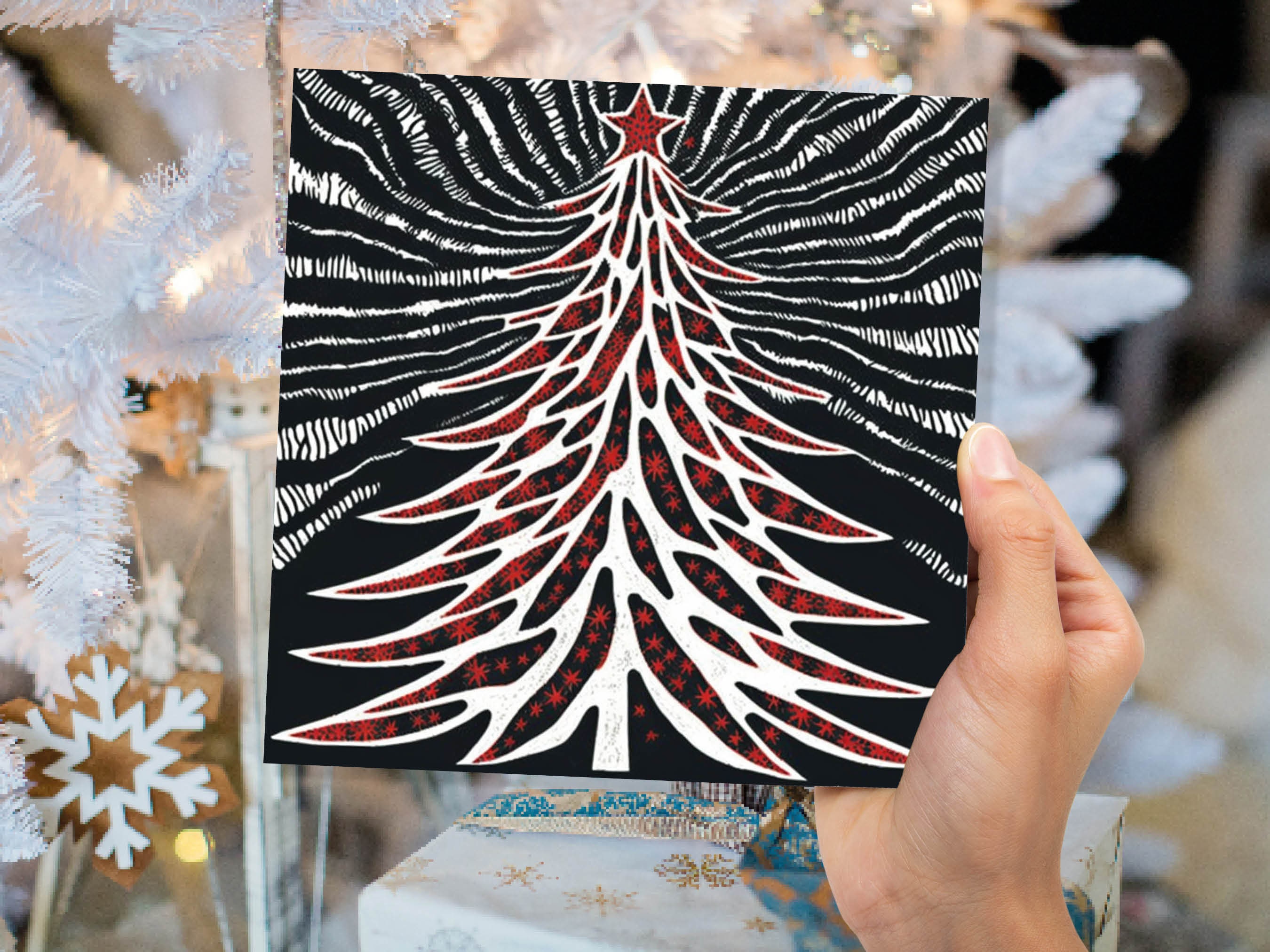 Linocut Christmas Tree Card Black White Red Retro Monochrome Magical Northern Lights Night Sky Greetings Cards For Family Friends Xmas 2024 - View 4