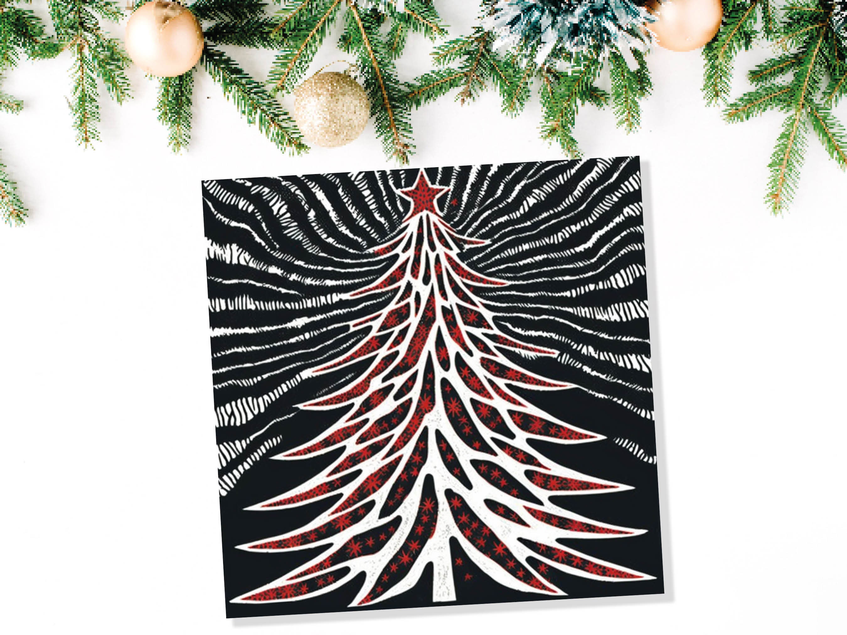 Linocut Christmas Tree Card Black White Red Retro Monochrome Magical Northern Lights Night Sky Greetings Cards For Family Friends Xmas 2024 - View 5