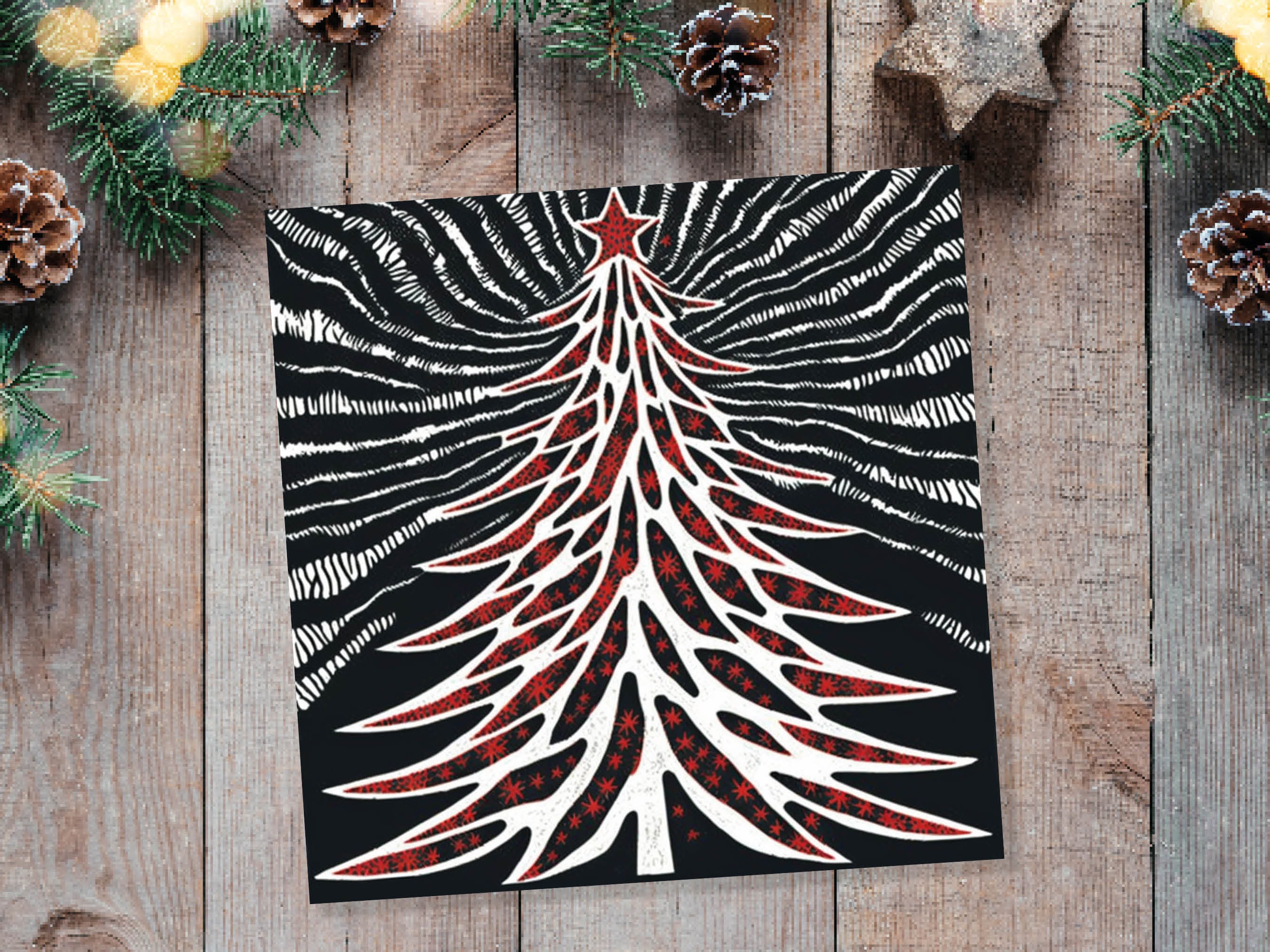 Linocut Christmas Tree Card Black White Red Retro Monochrome Magical Northern Lights Night Sky Greetings Cards For Family Friends Xmas 2024 - View 6