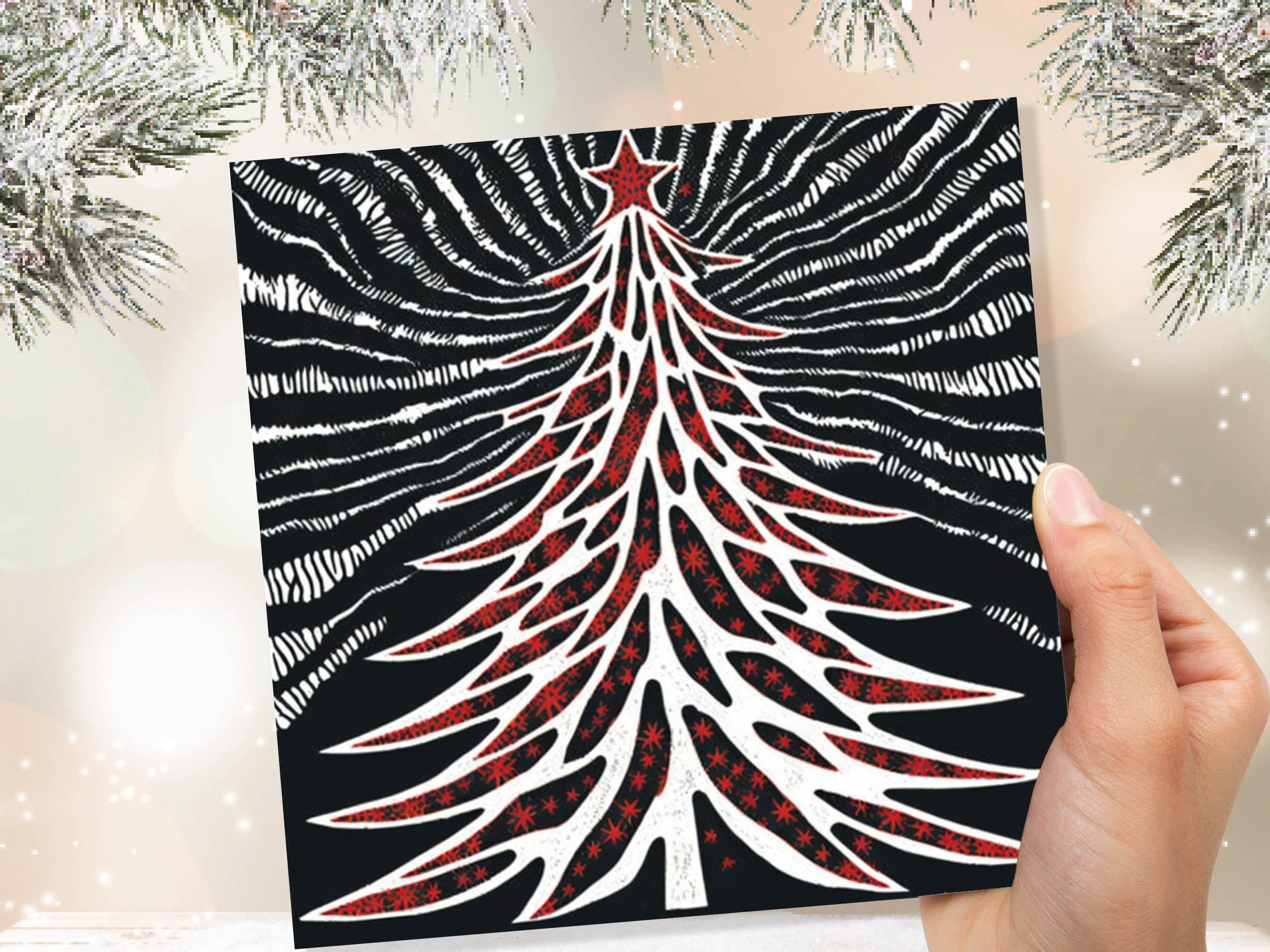 Linocut Christmas Tree Card Black White Red Retro Monochrome Magical Northern Lights Night Sky Greetings Cards For Family Friends Xmas 2024 - View 7