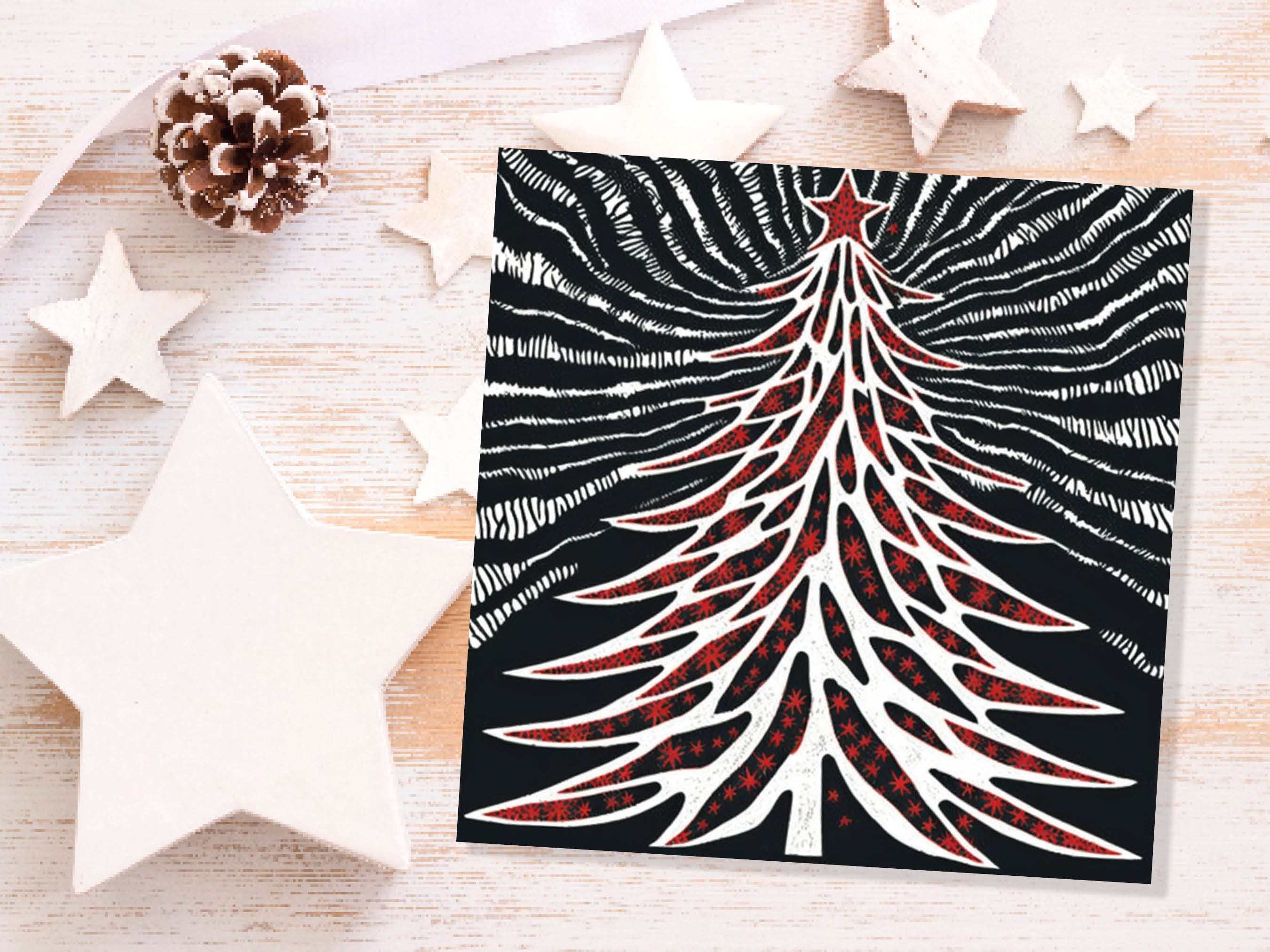 Linocut Christmas Tree Card Black White Red Retro Monochrome Magical Northern Lights Night Sky Greetings Cards For Family Friends Xmas 2024 - View 8