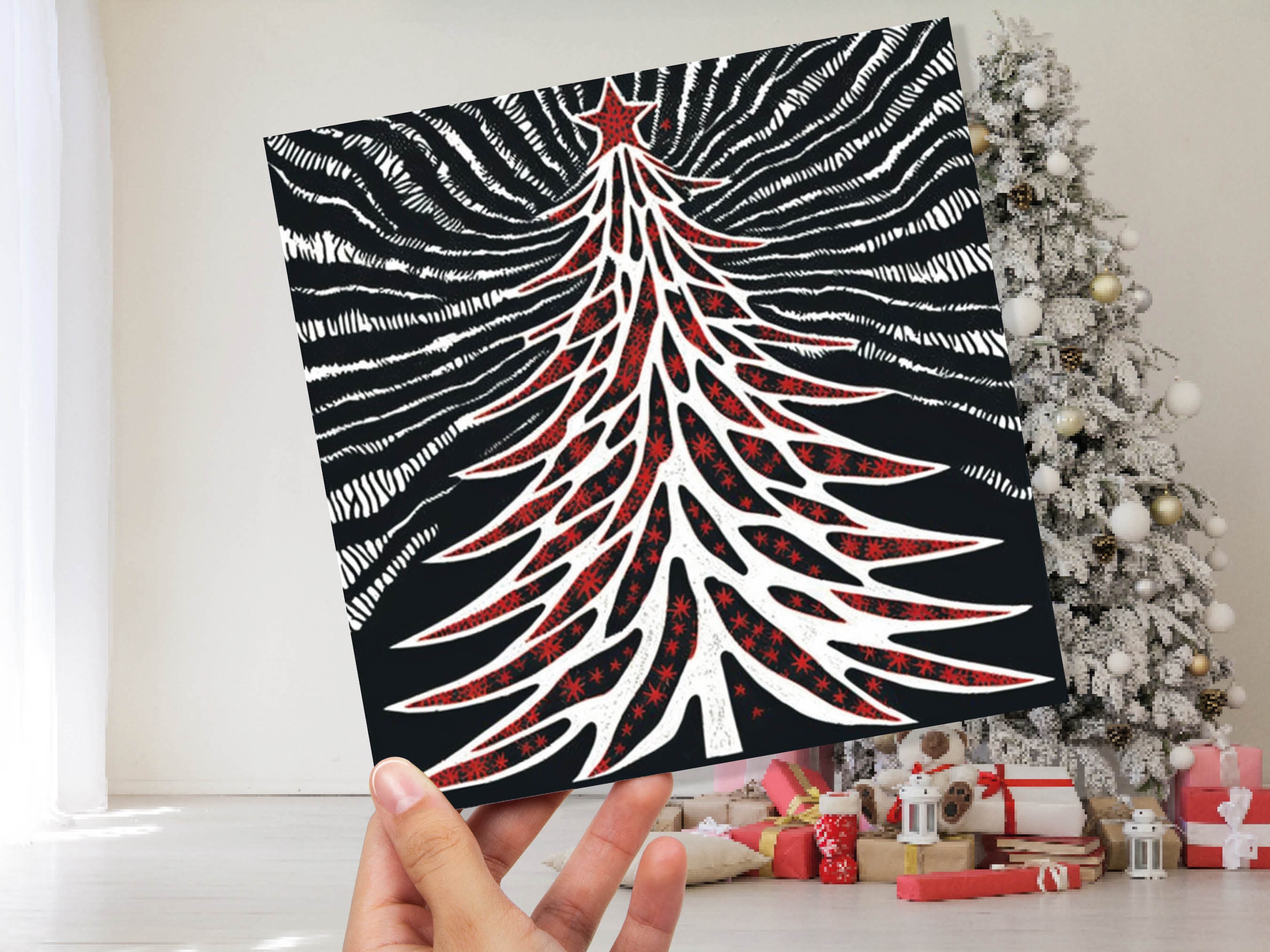 Linocut Christmas Tree Card Black White Red Retro Monochrome Magical Northern Lights Night Sky Greetings Cards For Family Friends Xmas 2024 - View 9