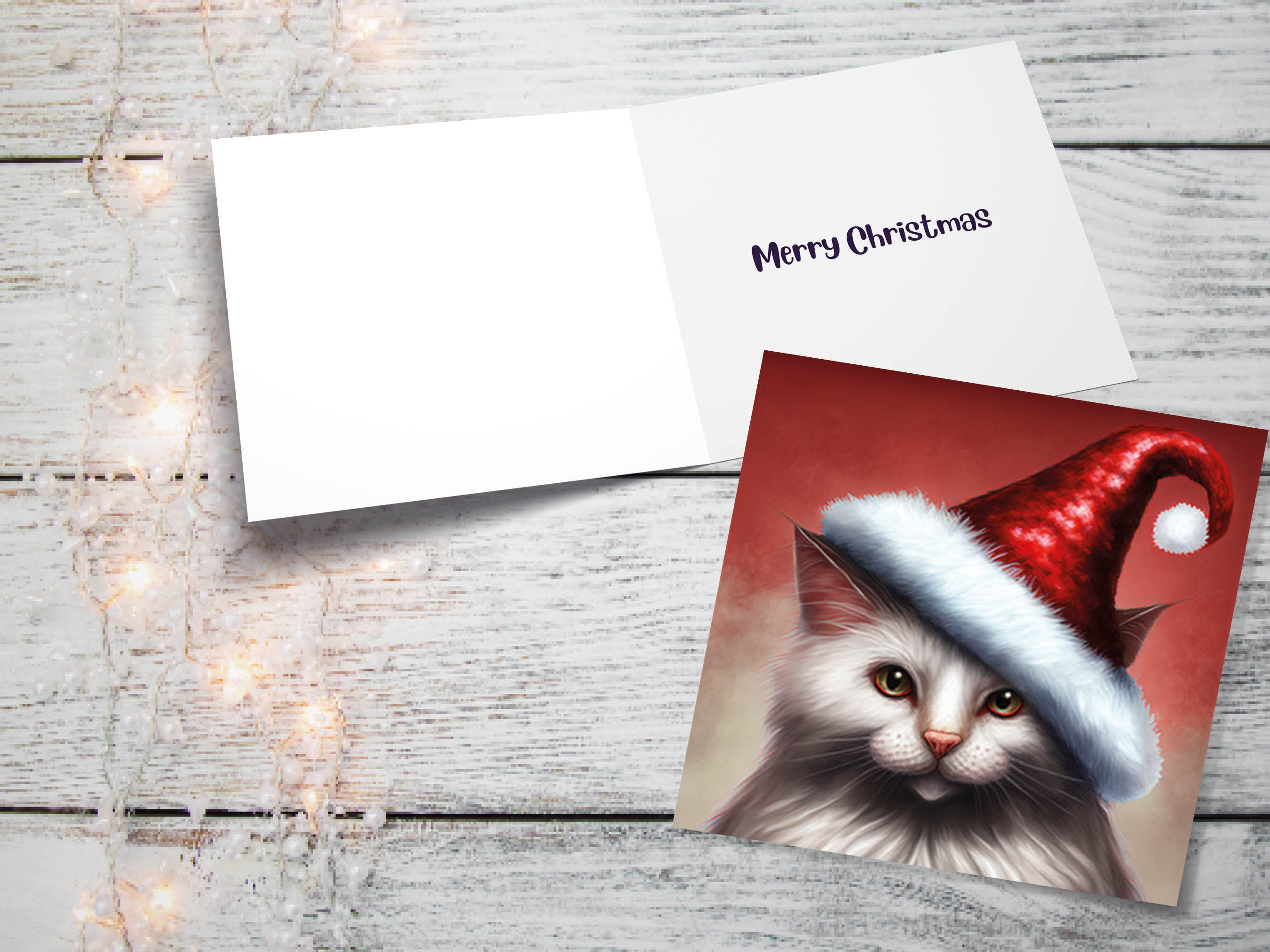 White Cat Christmas Card Long Haired Kitty Wearing Cute Red Santa Hat Festive with Amber Eyes Greetings Cards For Family Friends Xmas 2024 - View 10