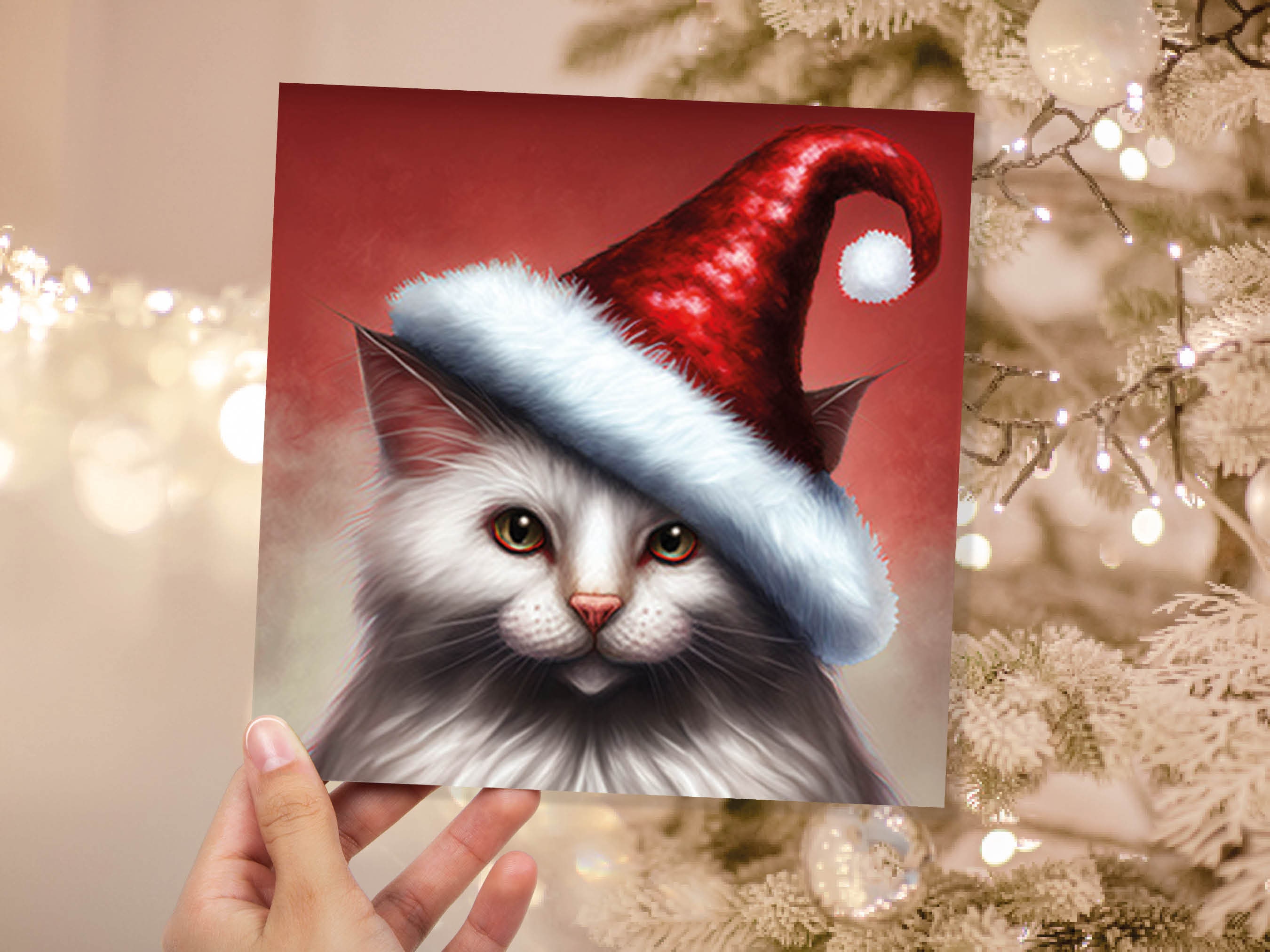 White Cat Christmas Card Long Haired Kitty Wearing Cute Red Santa Hat Festive with Amber Eyes Greetings Cards For Family Friends Xmas 2024