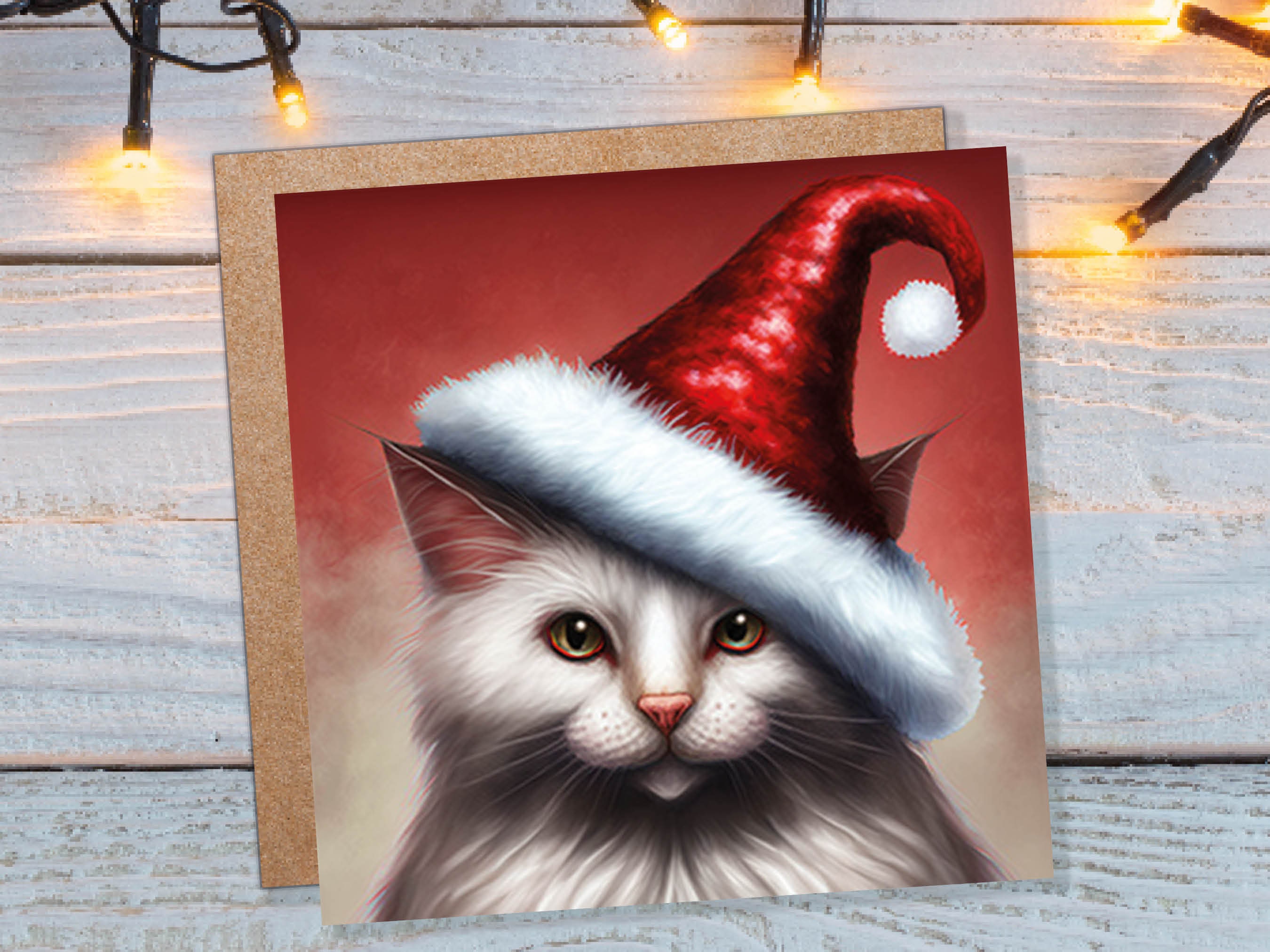 White Cat Christmas Card Long Haired Kitty Wearing Cute Red Santa Hat Festive with Amber Eyes Greetings Cards For Family Friends Xmas 2024 - View 2