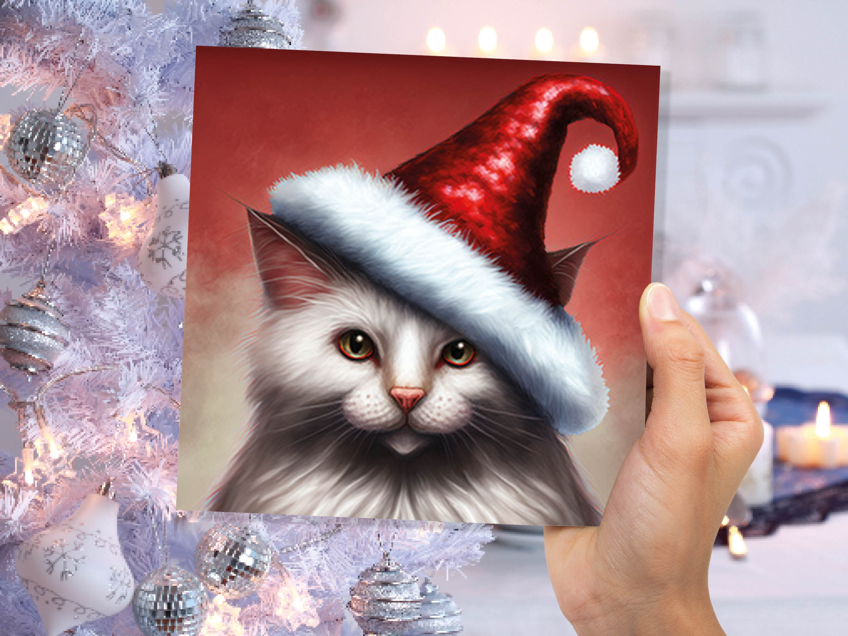 White Cat Christmas Card Long Haired Kitty Wearing Cute Red Santa Hat Festive with Amber Eyes Greetings Cards For Family Friends Xmas 2024 - View 3